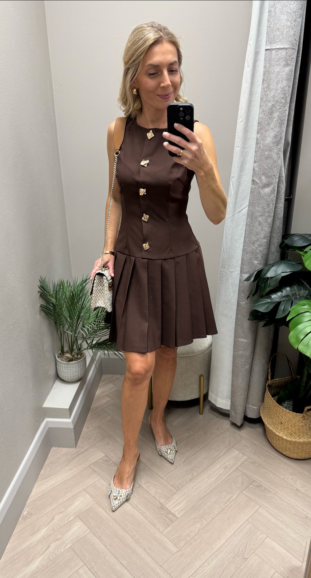 Penelope Tailored Pleated Mini Dress Brown