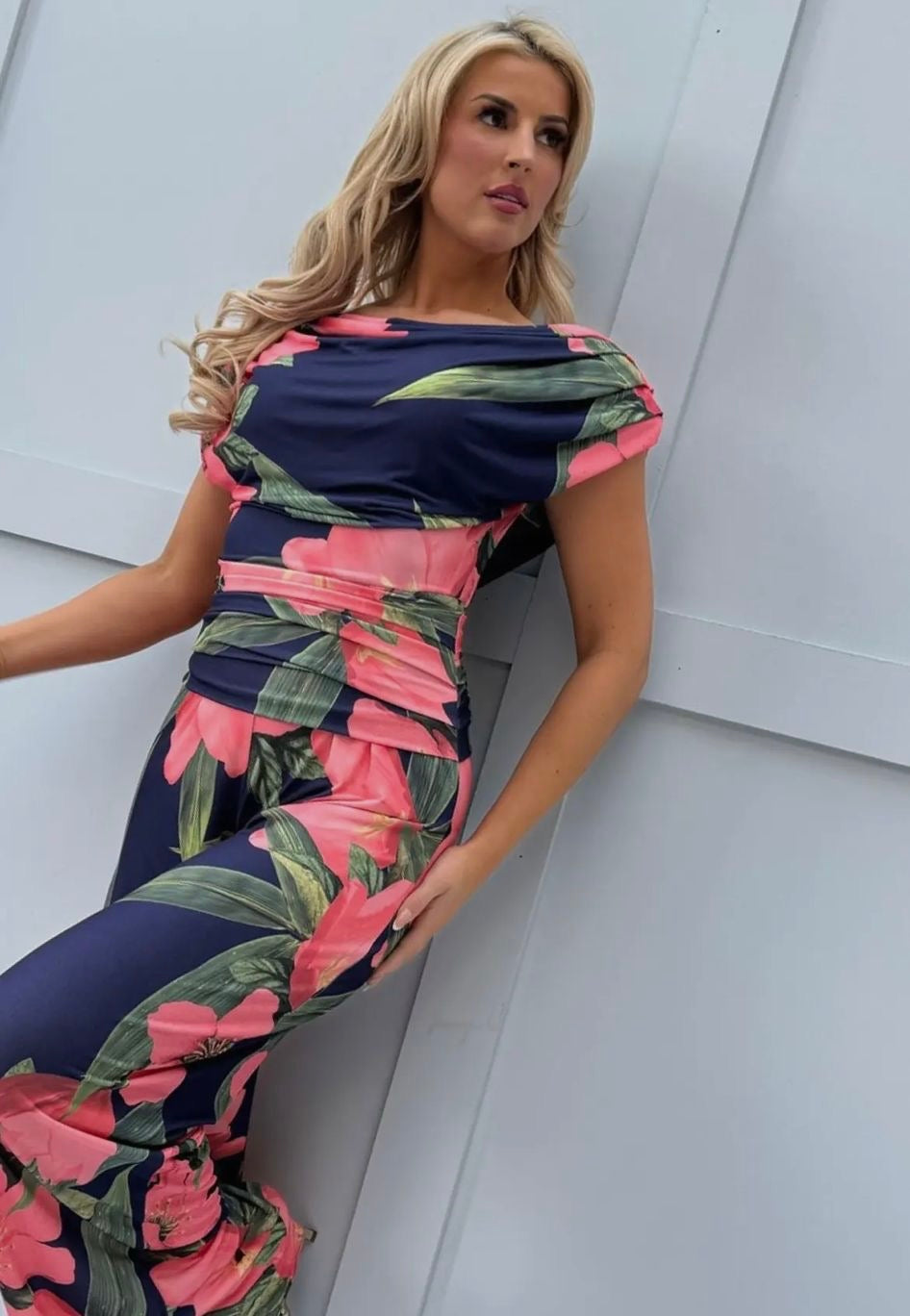 Navy peach floral Atom label  carbon jersey jumpsuit