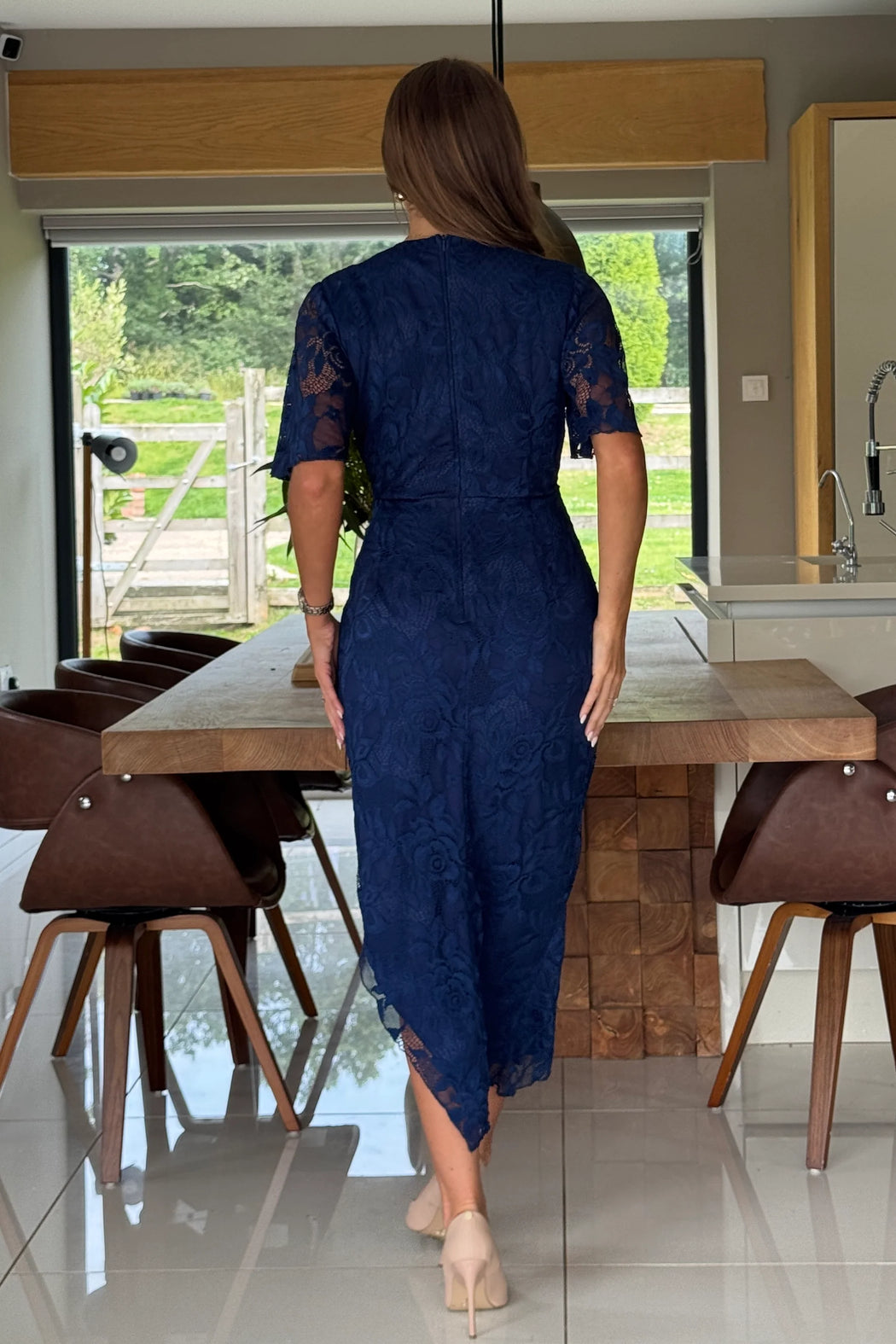 Natasha Angel Sleeve Wrap Midi Dress In Navy Lace