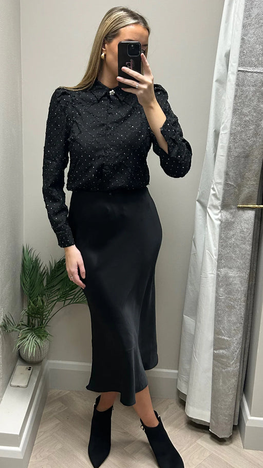 Zora black satin midi skirt