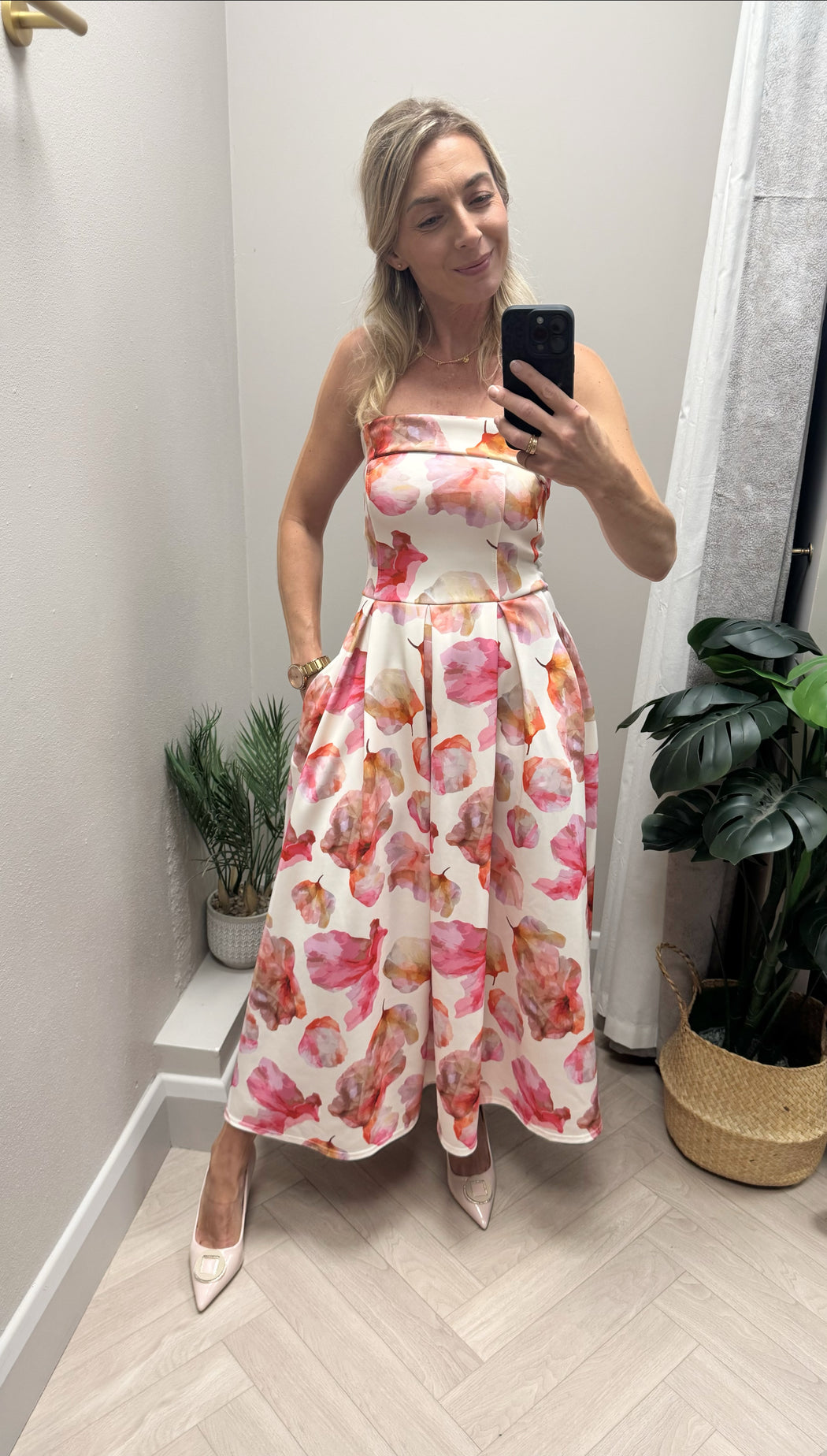 Danni Strapless Bandeau Midi Dress Pink Floral