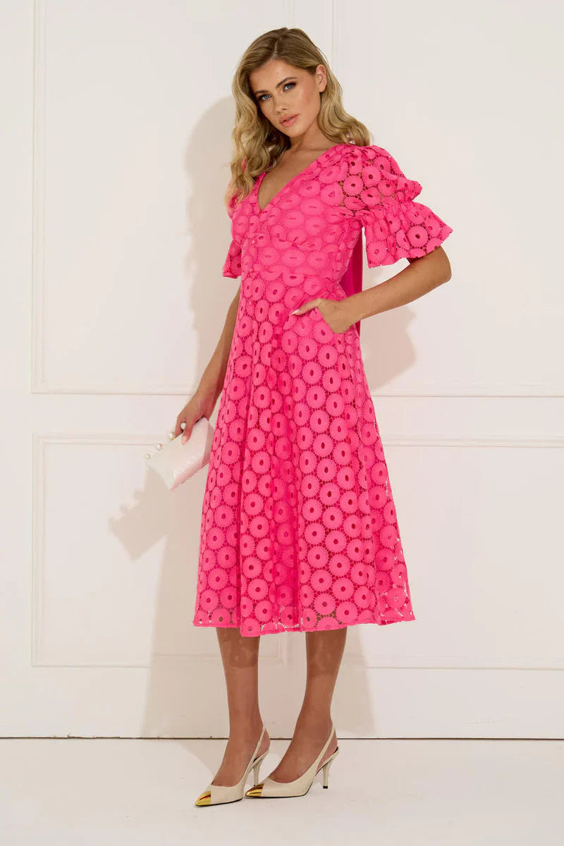 CALLIE PUFF SLEEVE FUSCHIA PINK LACE DRESS