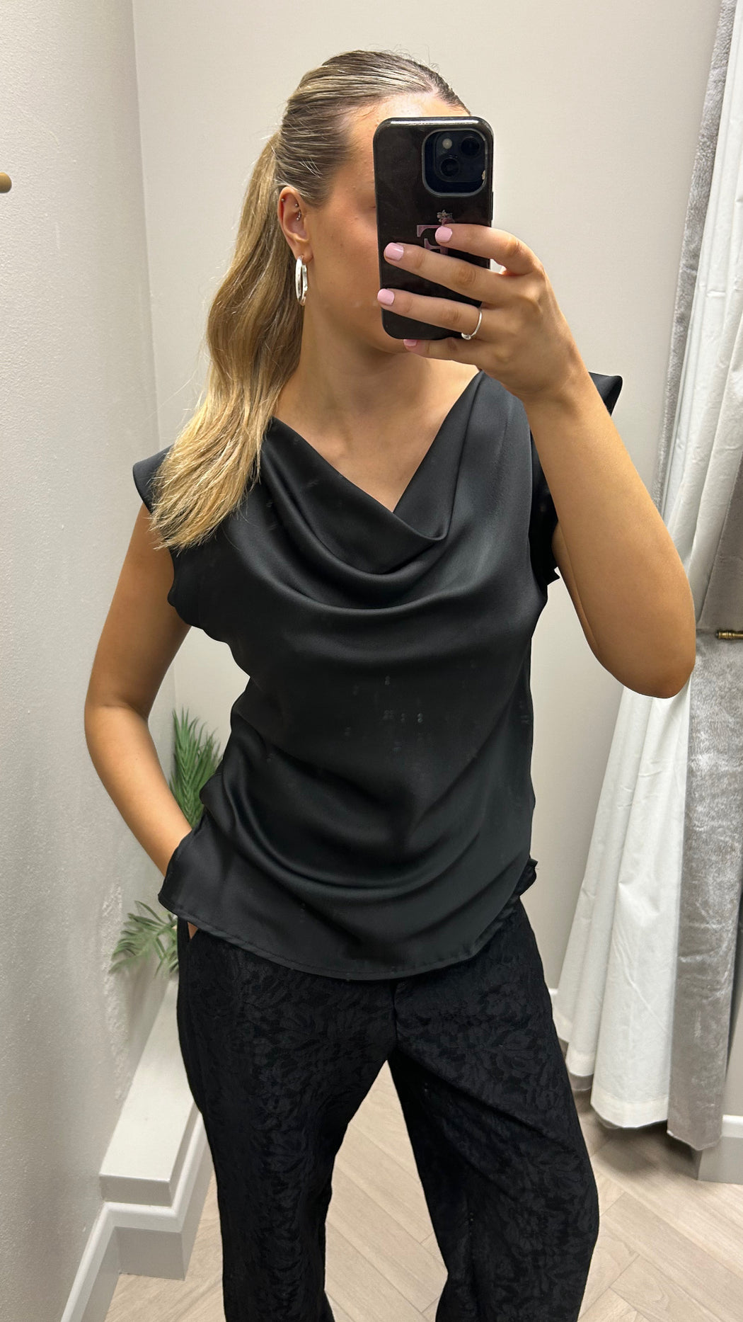 Satin black cowl neck top