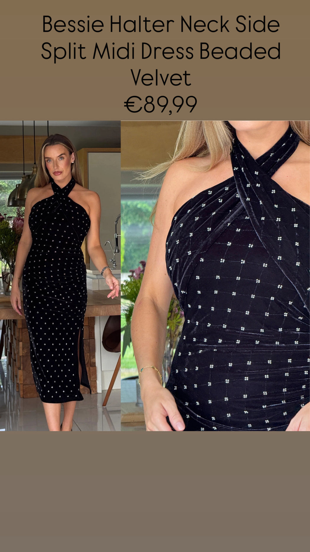 Bessie Halter Neck Side Split Midi Dress Beaded Velvet