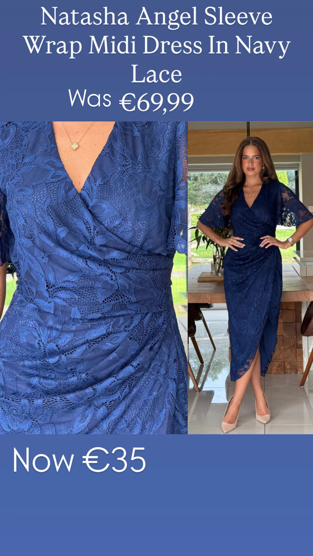 Natasha Angel Sleeve Wrap Midi Dress In Navy Lace