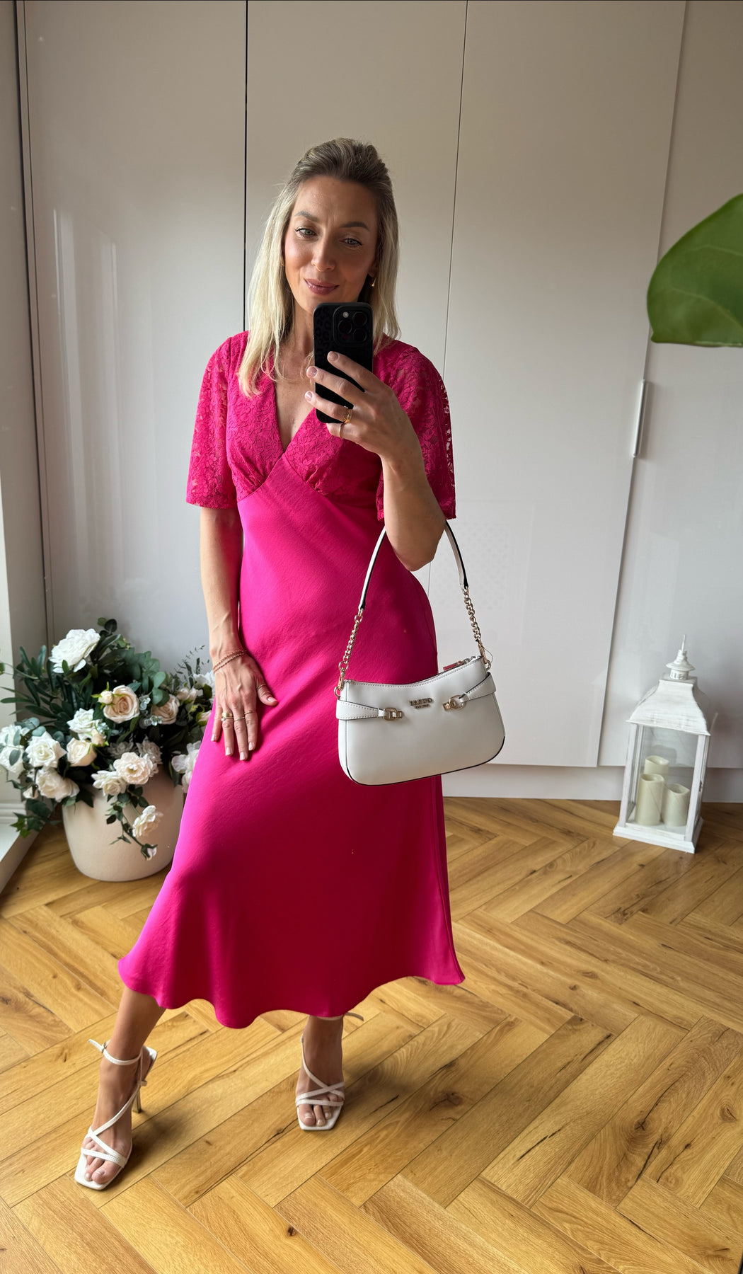 Pink Lace Satin Midi Dress