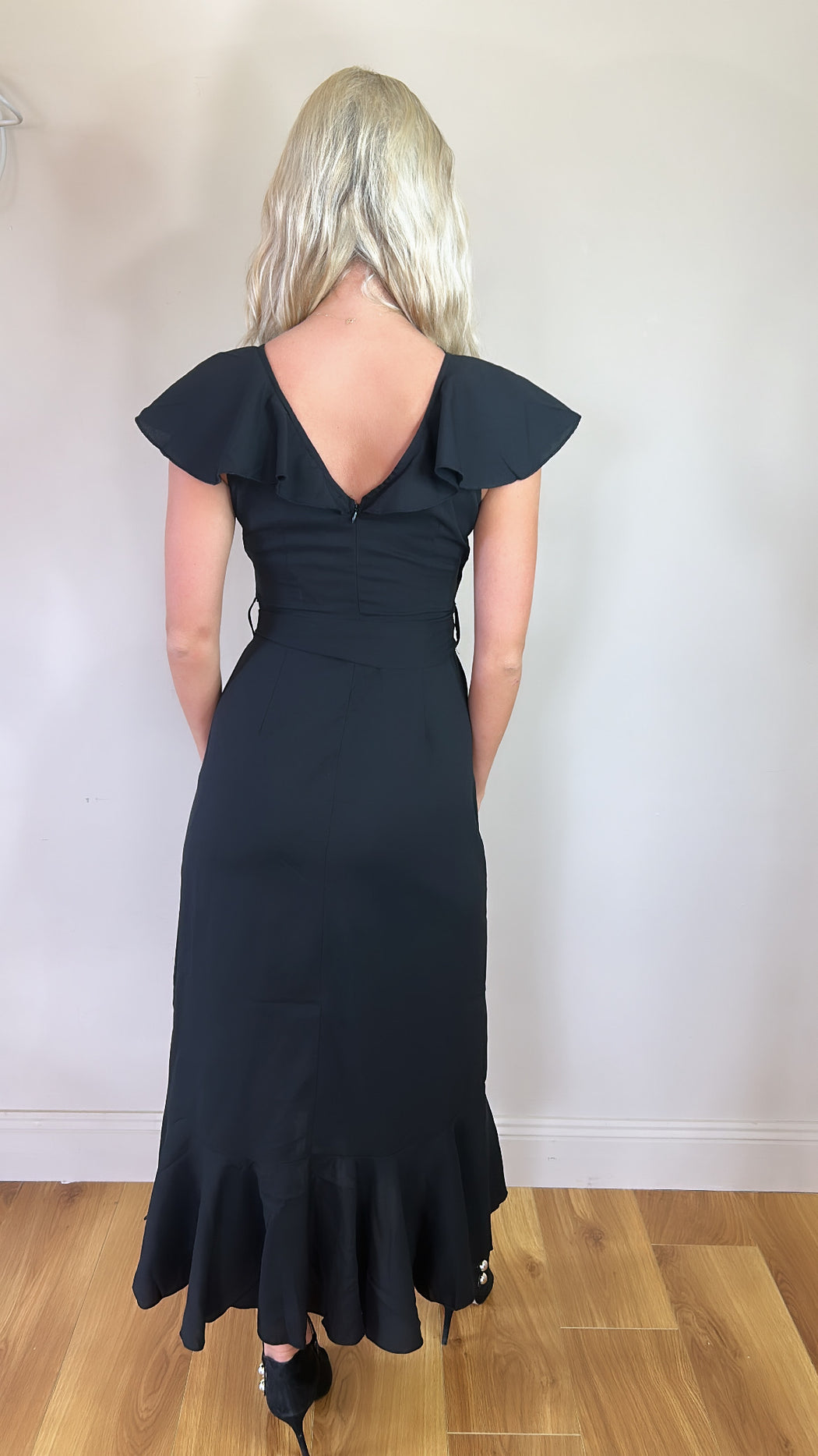 Daphne Black Wrap Frill Detailed Midi Dress