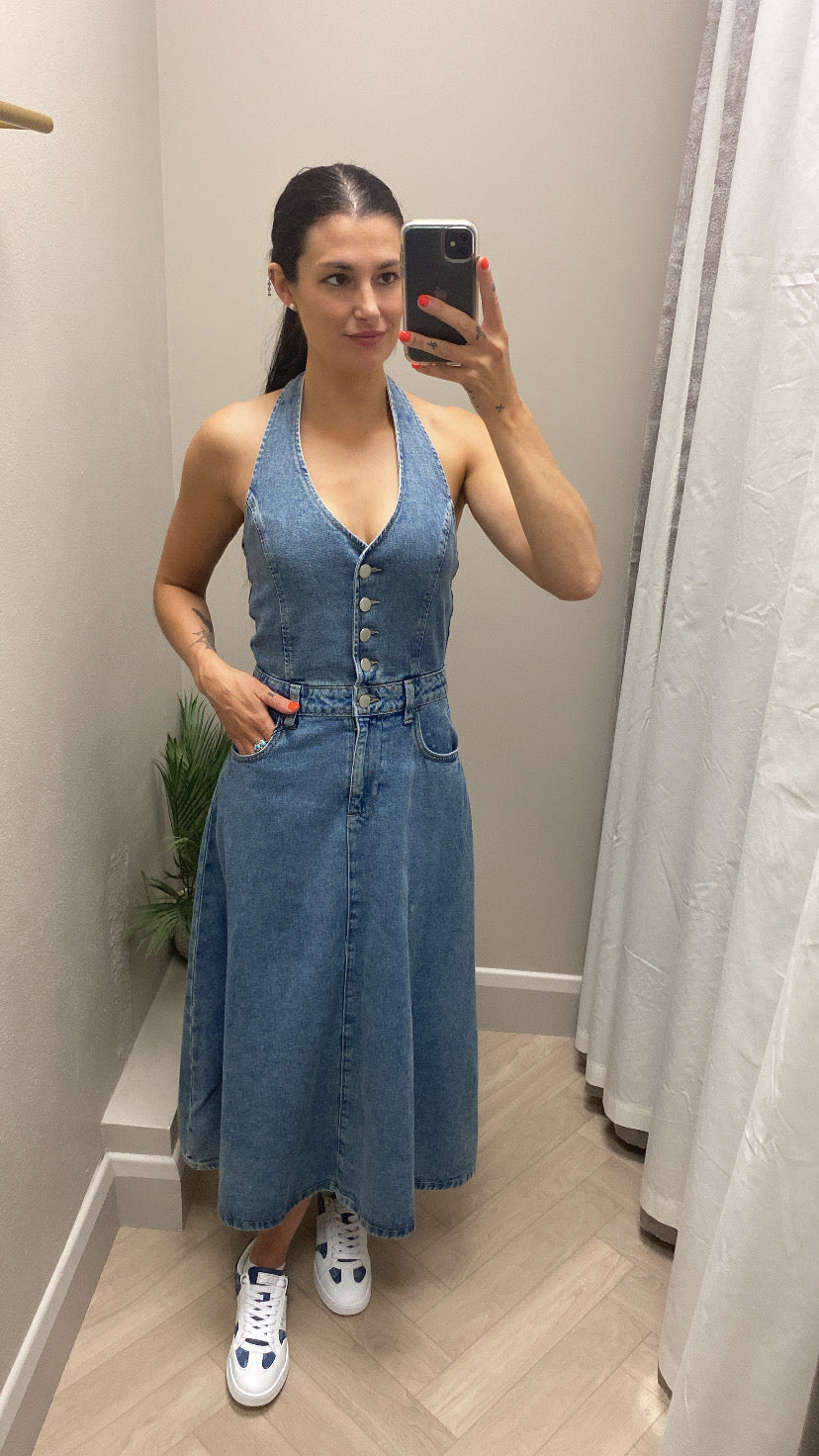 Brelle halter denim dress
