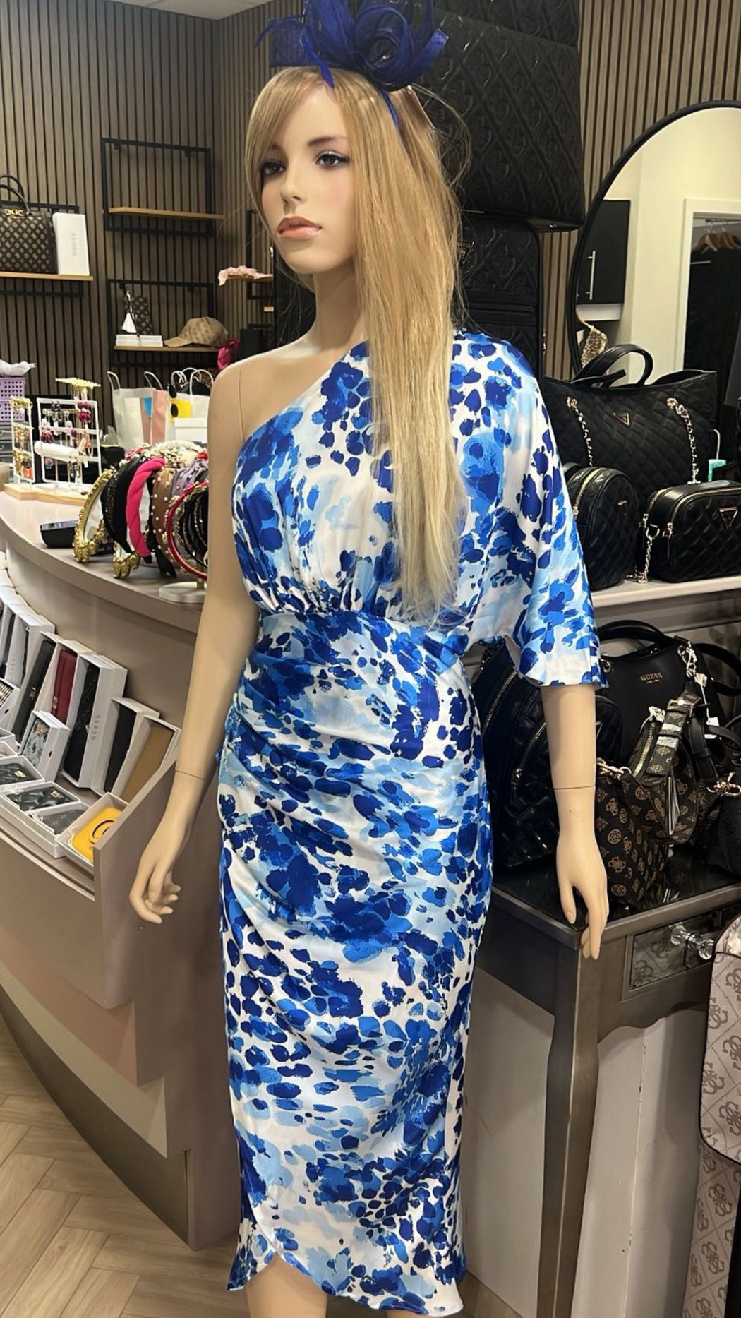 Ira One Shoulder Wrap Skirt Midi Dress Blue