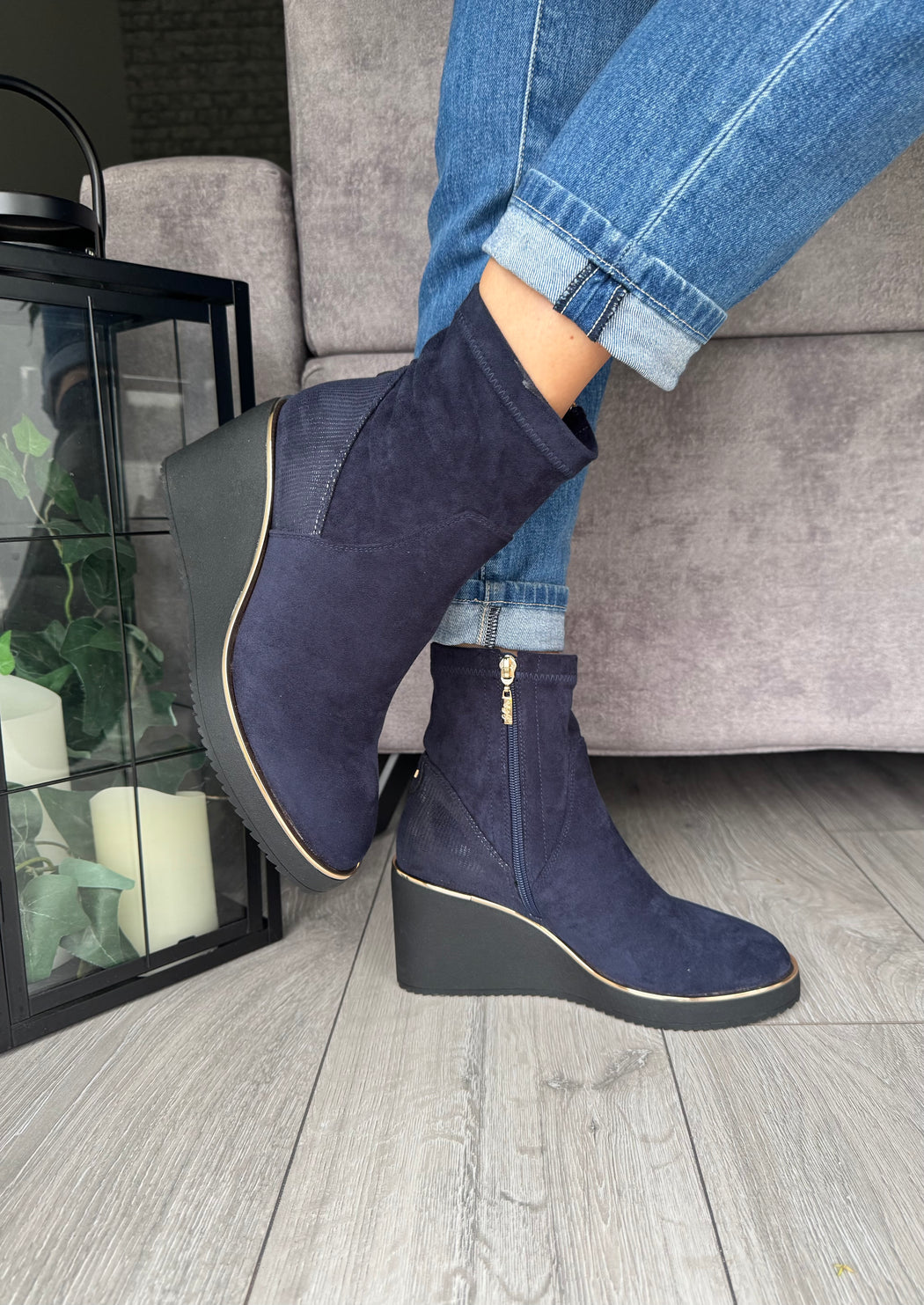 Poole sapphire navy wedge boots