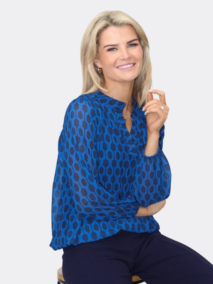 Bella band top in blue geo print