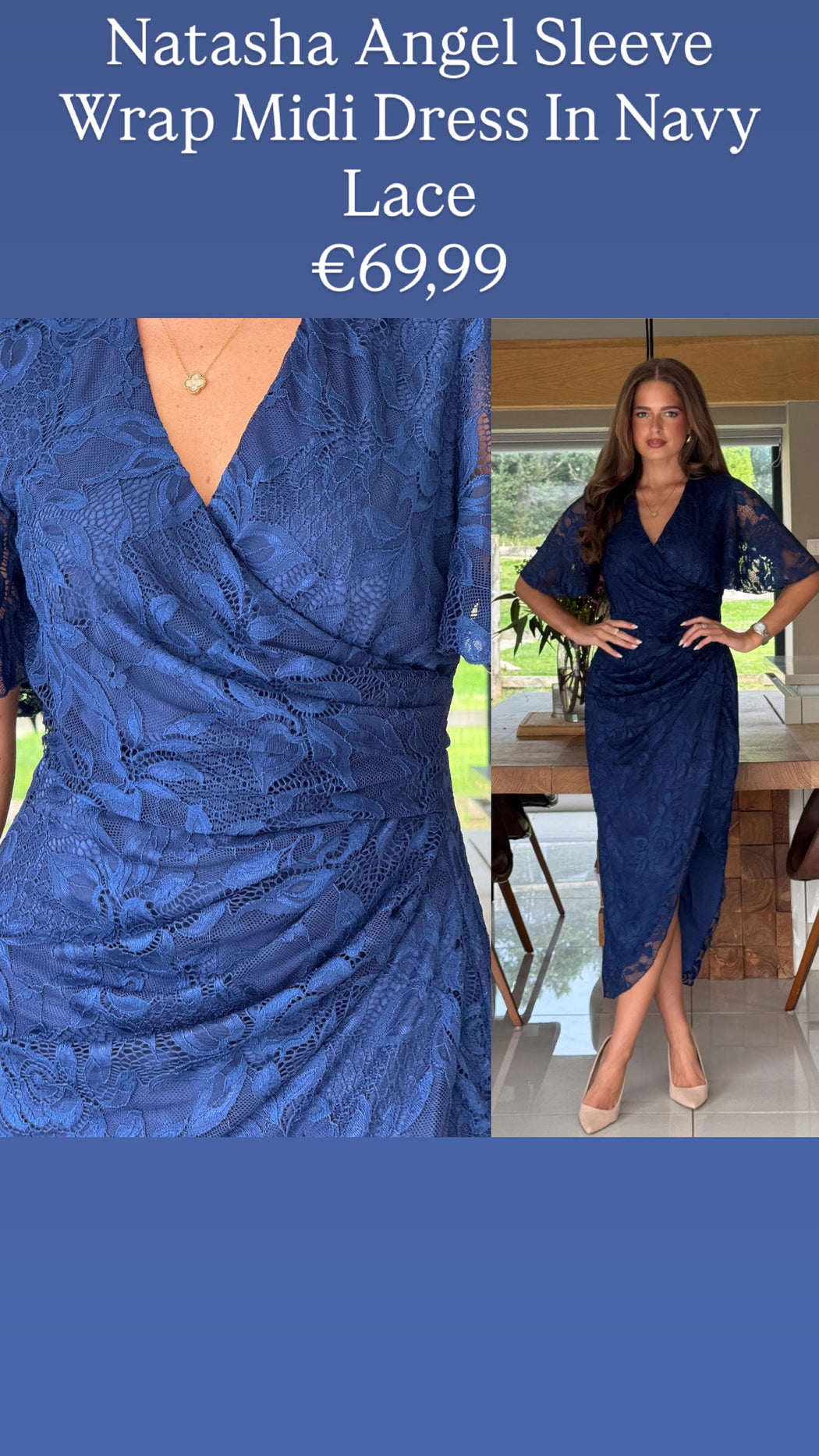 Natasha Angel Sleeve Wrap Midi Dress In Navy Lace