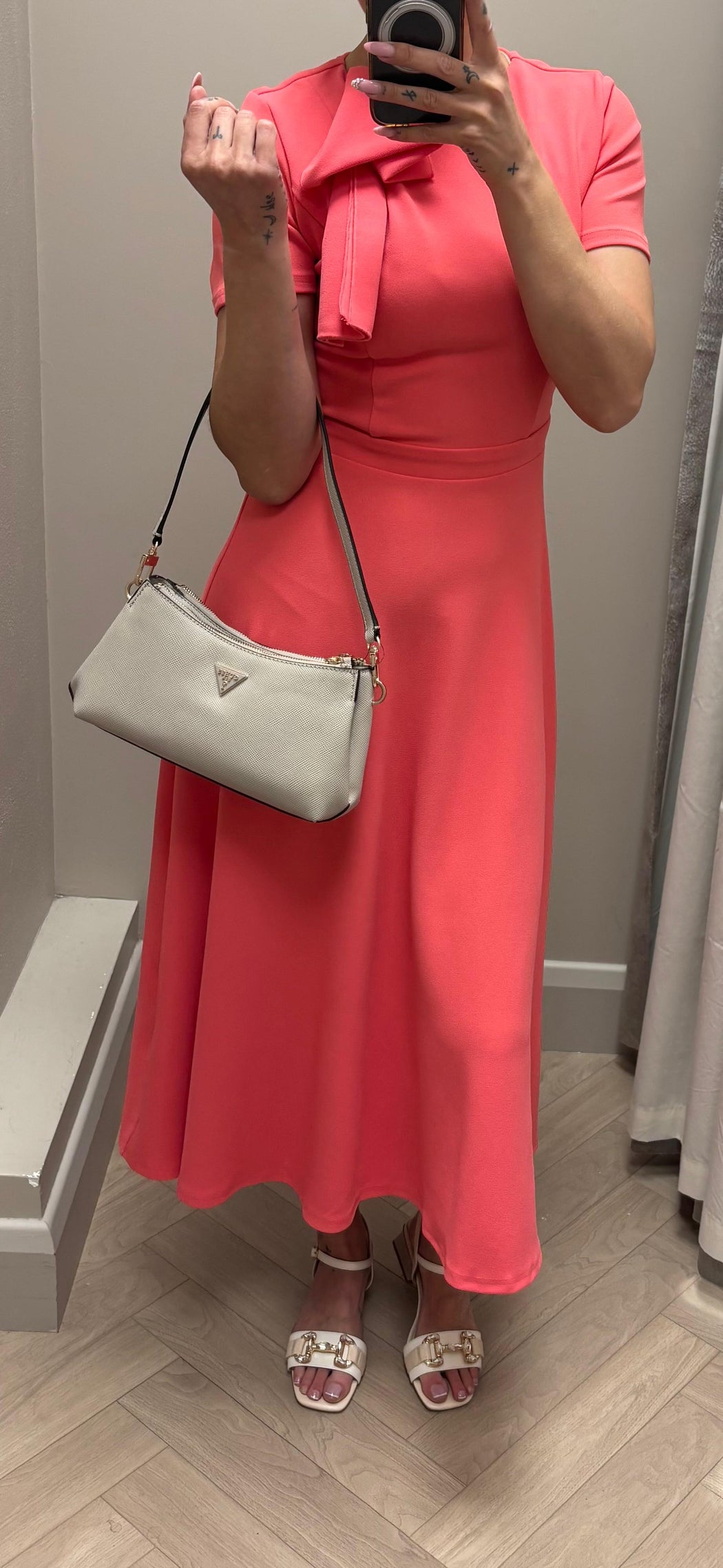 Minta Bow Detail Short Sleeve Midi Dress Coral