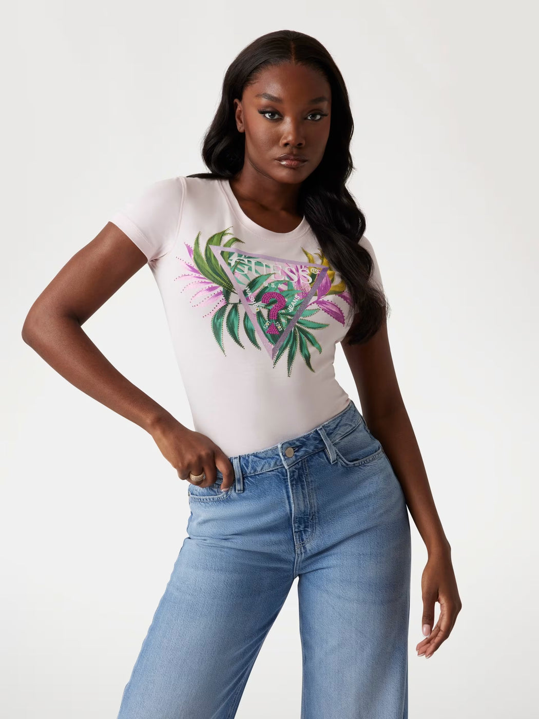 Guess pink leaf triangle tee