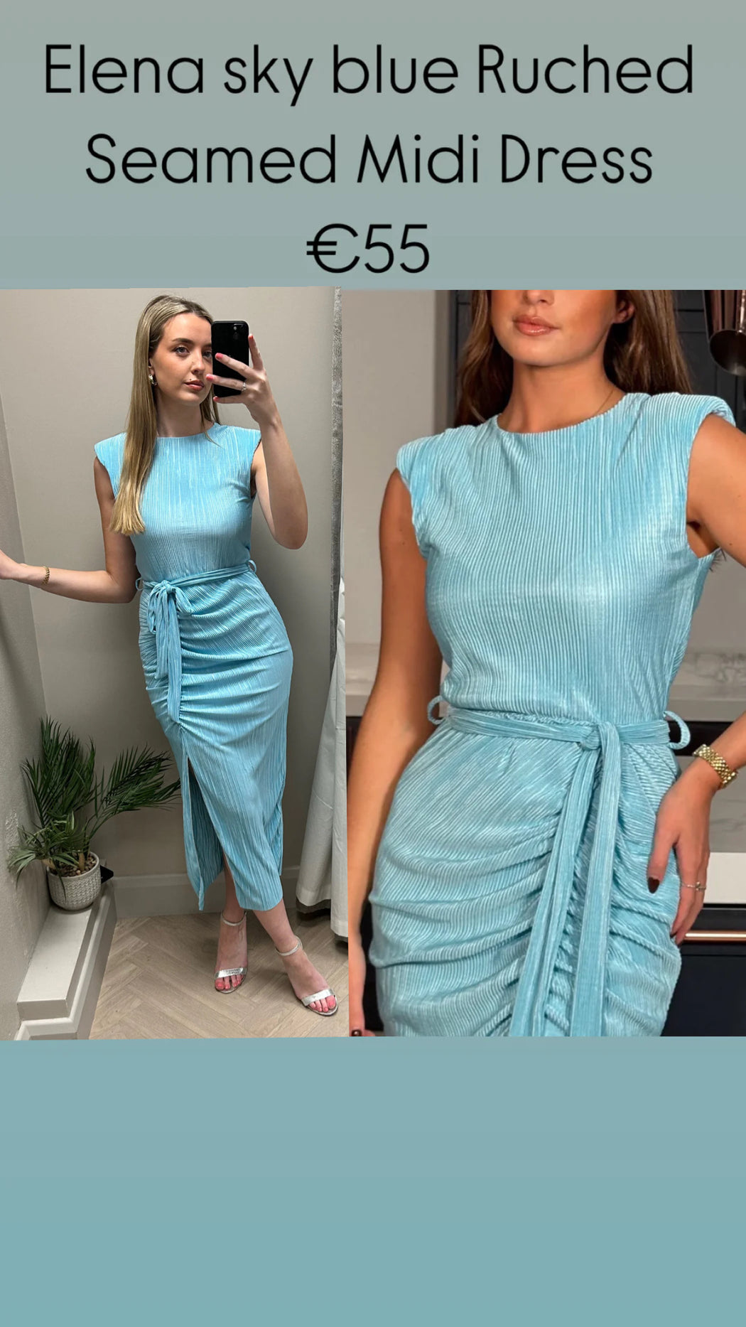 Elena sky blue Ruched Seamed Midi Dress