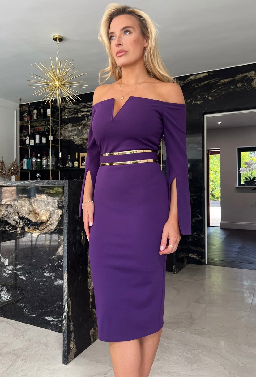 Isabelle Bardot Split Flare Sleeves Midi Dress Purple