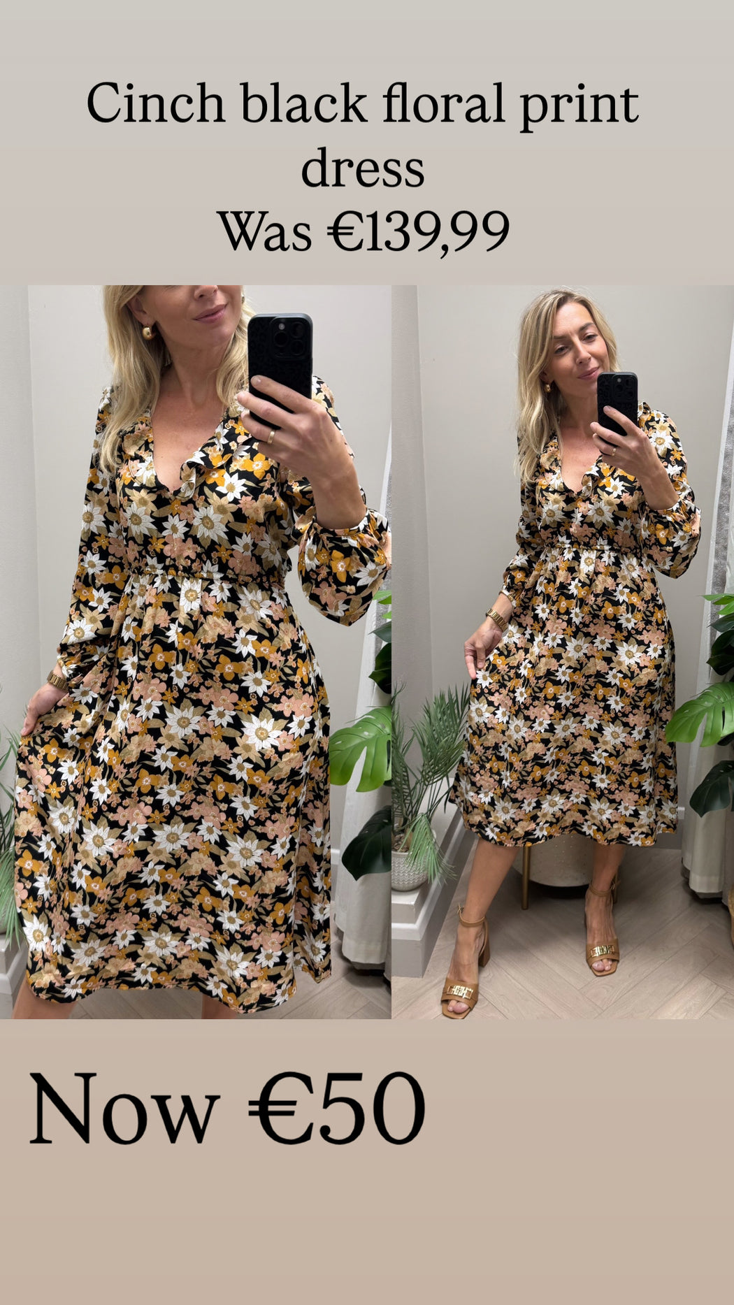 Cinch black floral print dress