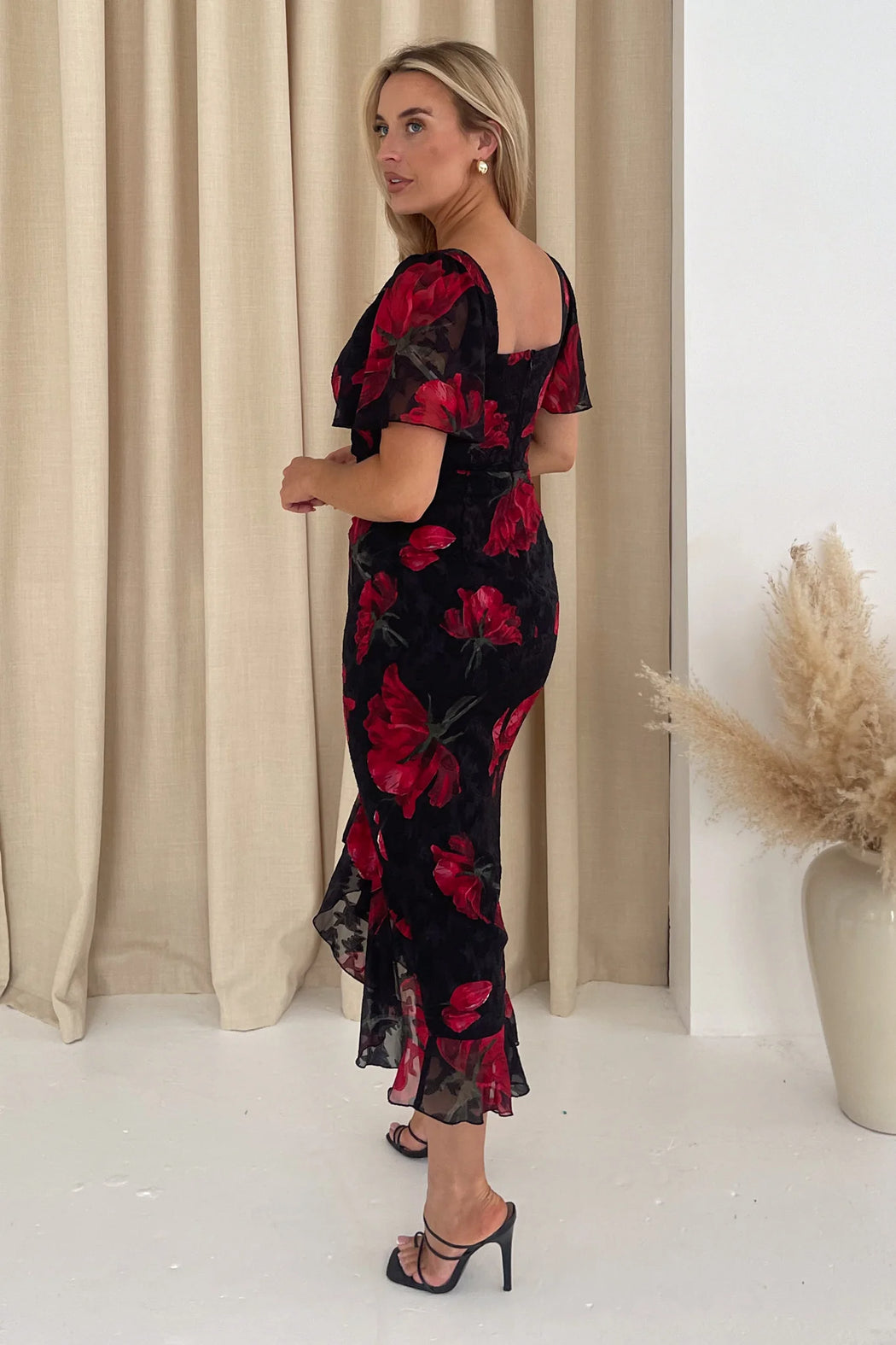 Heidi Black And Red Floral Ruched Midi Dress