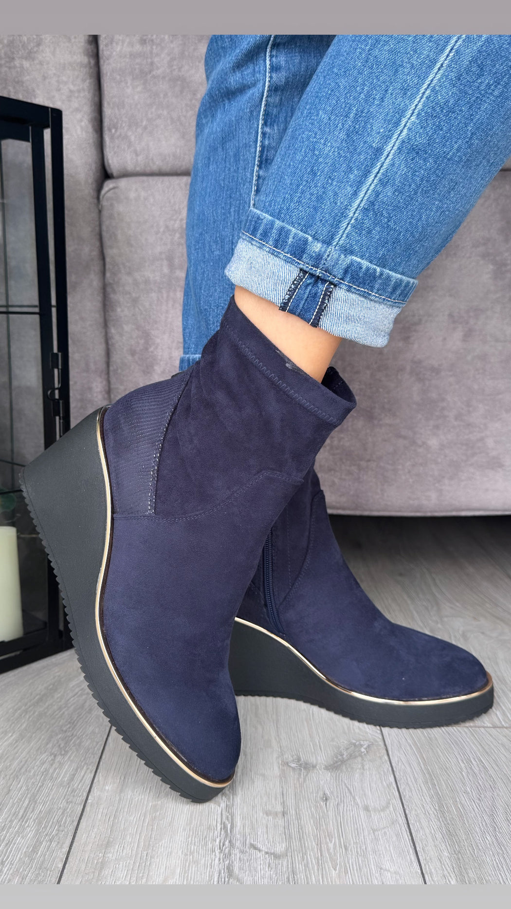 Poole sapphire navy wedge boots