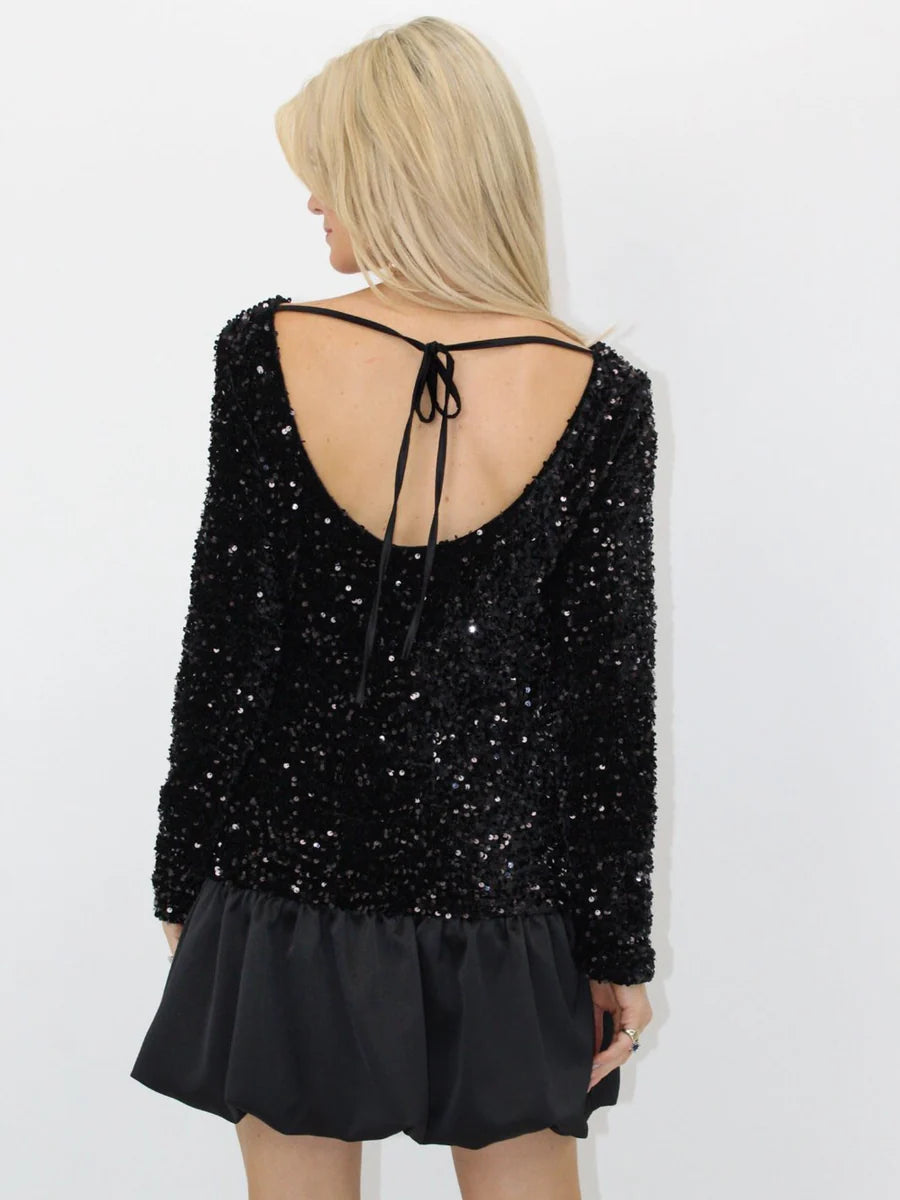 IVANA PUFFBALL MINI DRESS IN BLACK SPARKLE