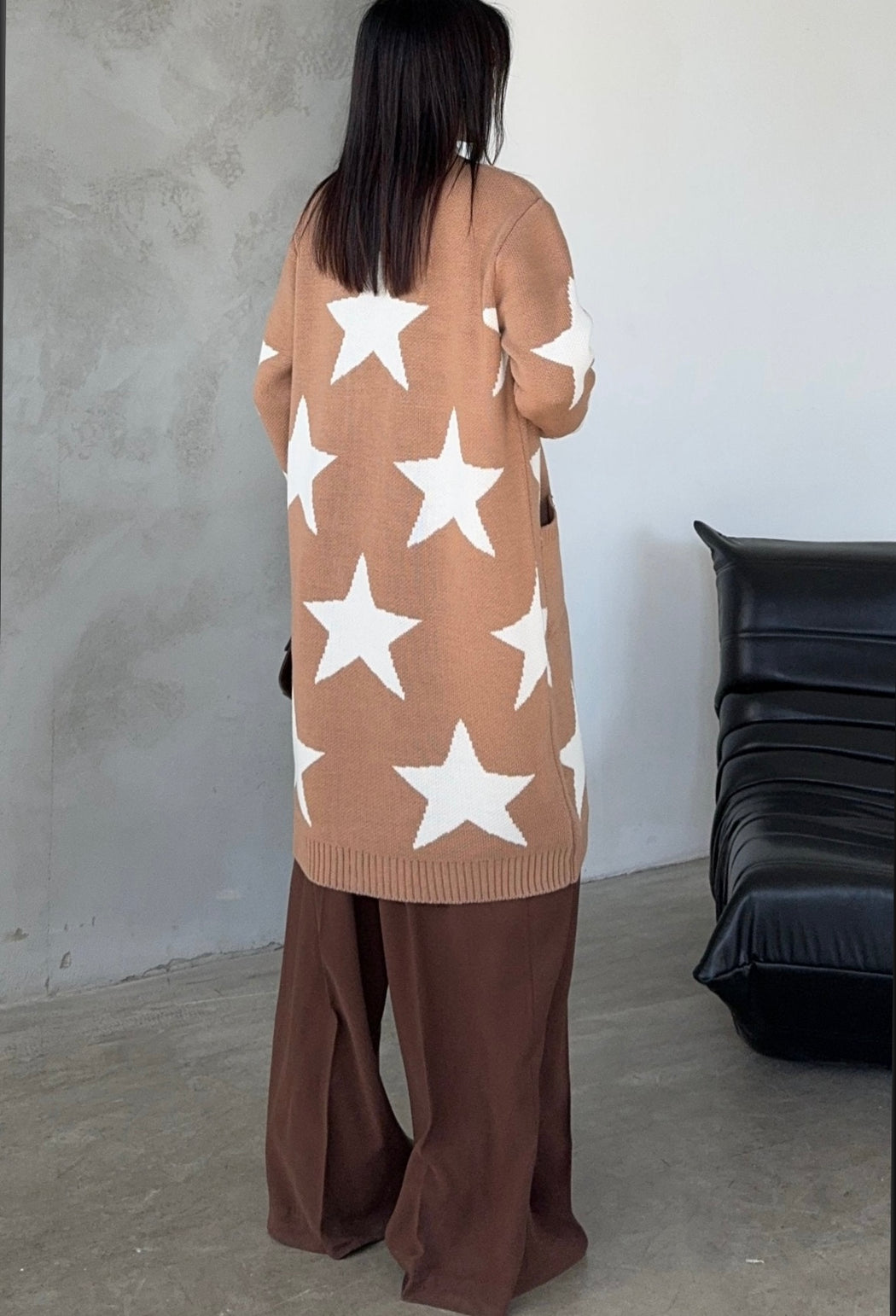 CAMEL LONGLINE MIDI STAR CARDIGAN