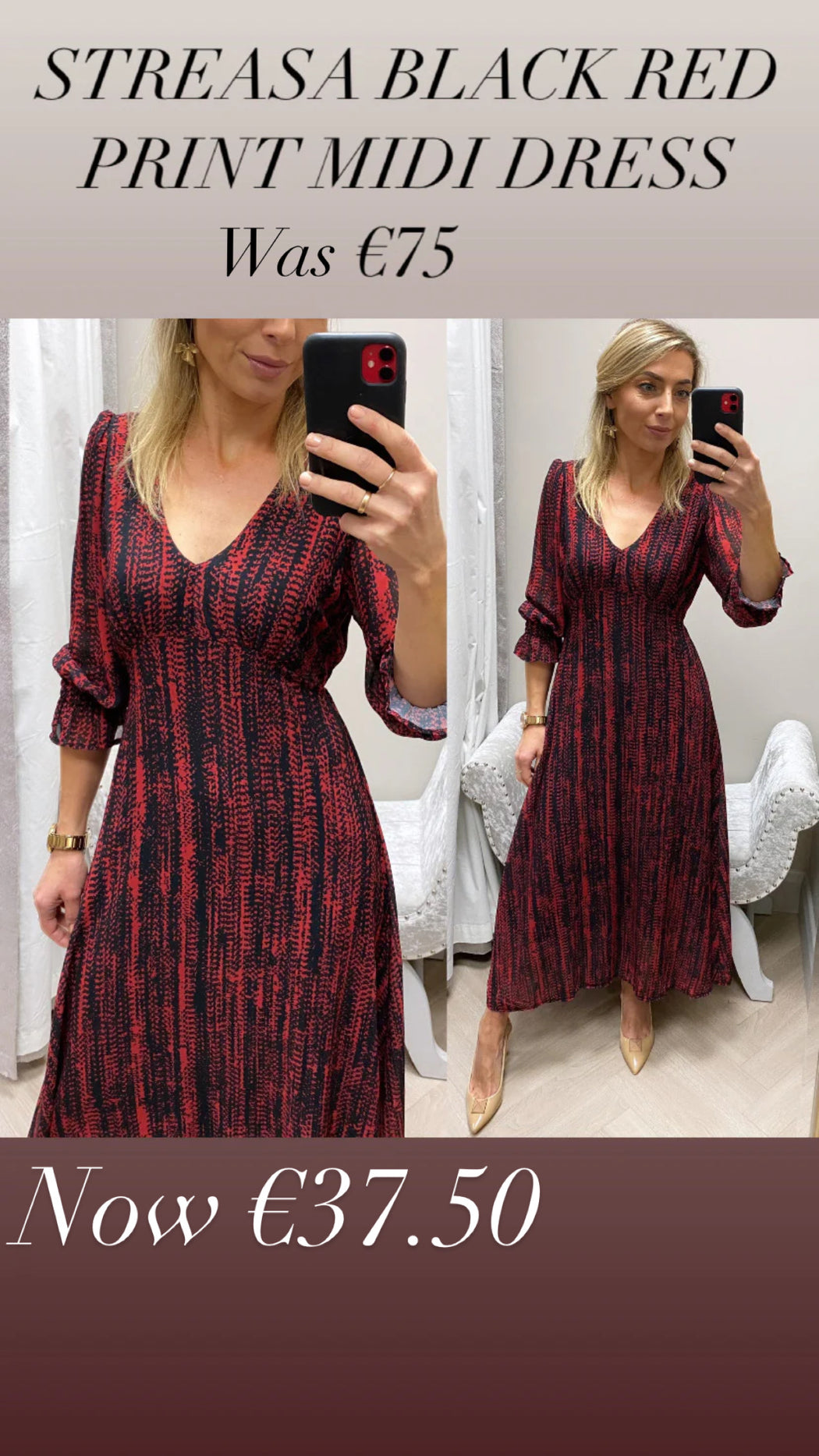 STREASA BLACK RED PRINT MIDI DRESS