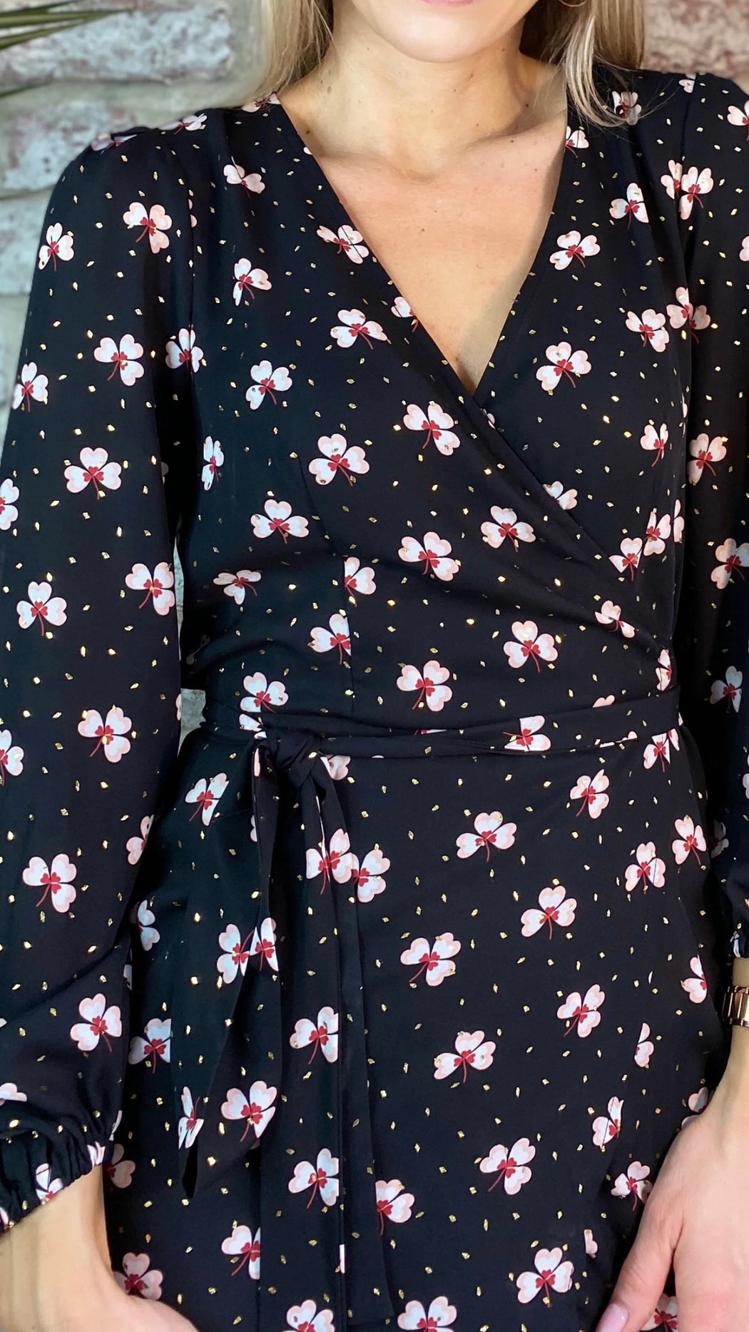 Shrimp black floral wrap midi dress traff