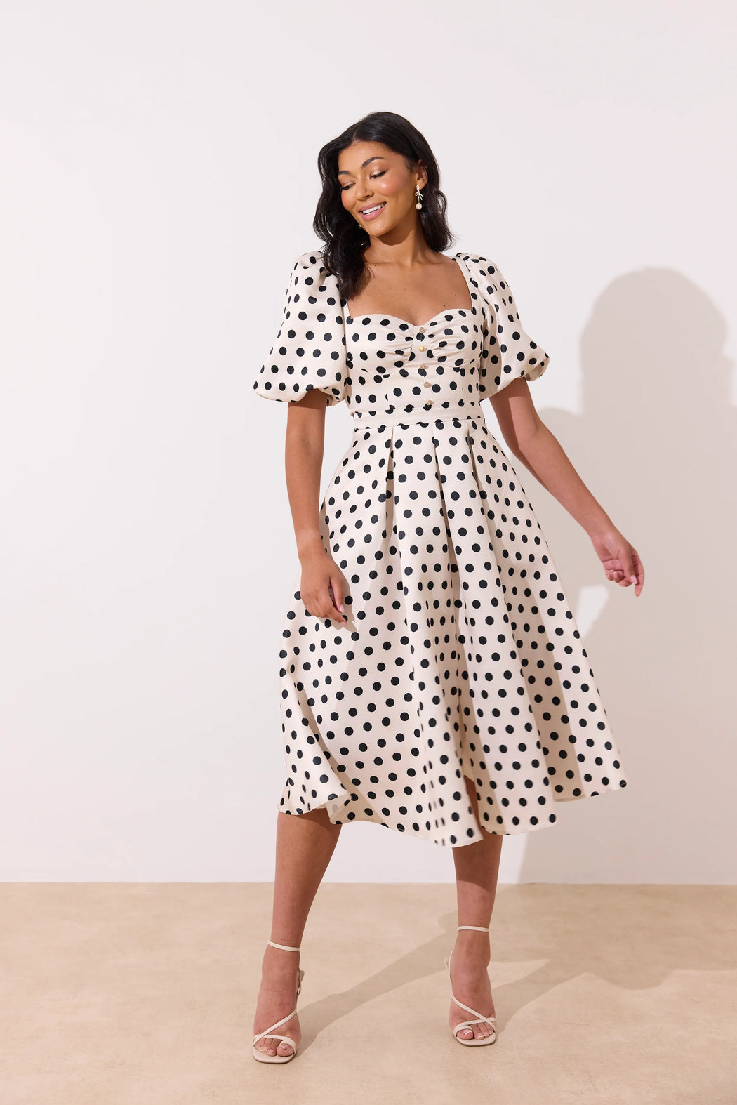 Audrey Puff Sleeve Champage polka dot dress