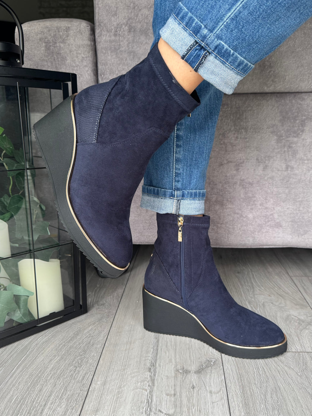 Poole sapphire navy wedge boots