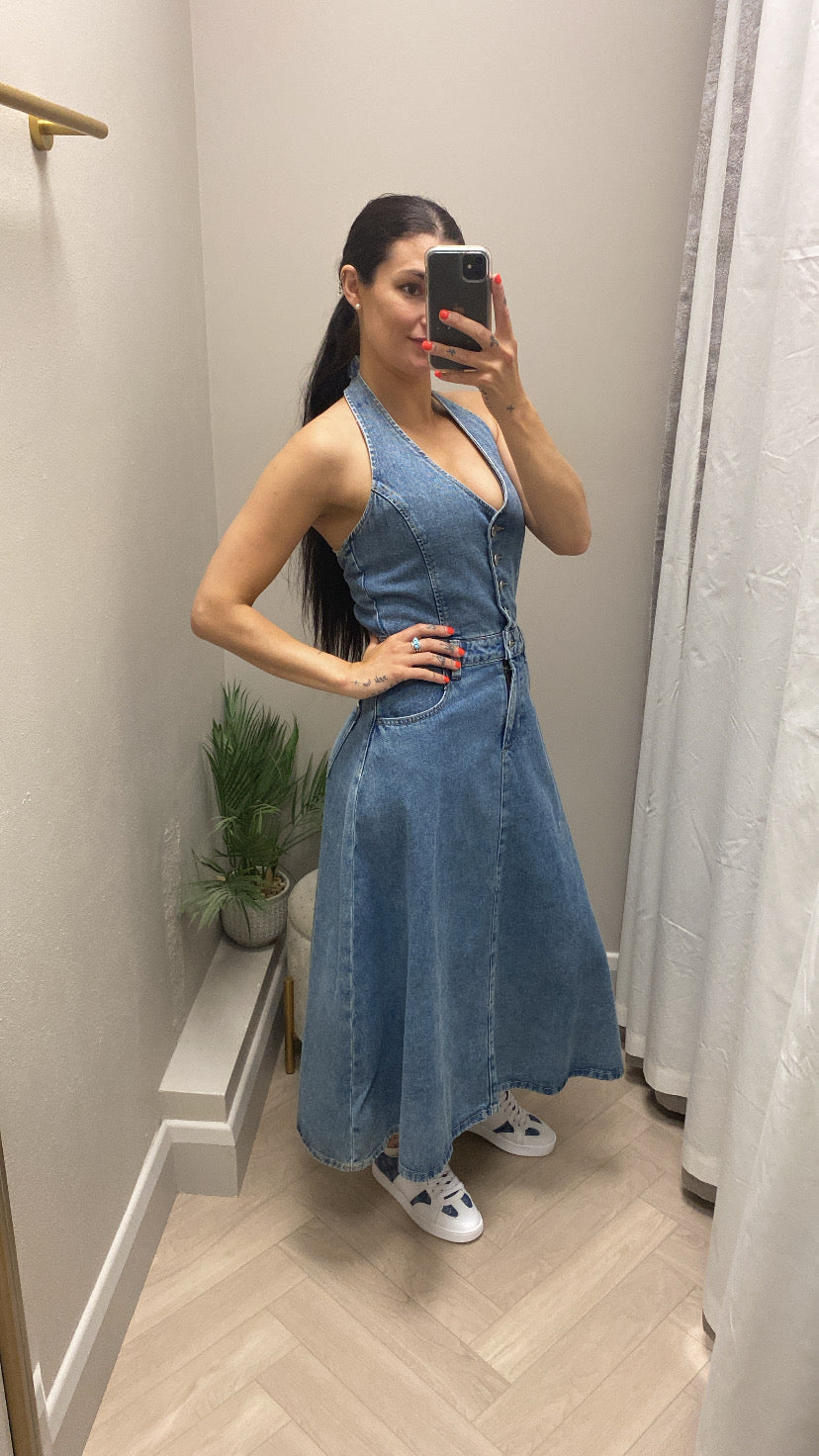 Brelle halter denim dress