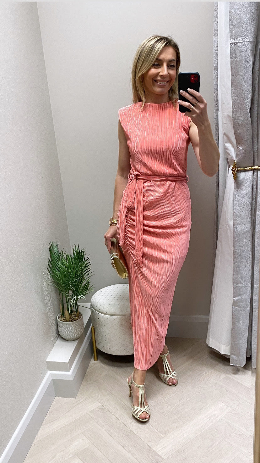 Elena Ruched Seamed Midi Dress Coral