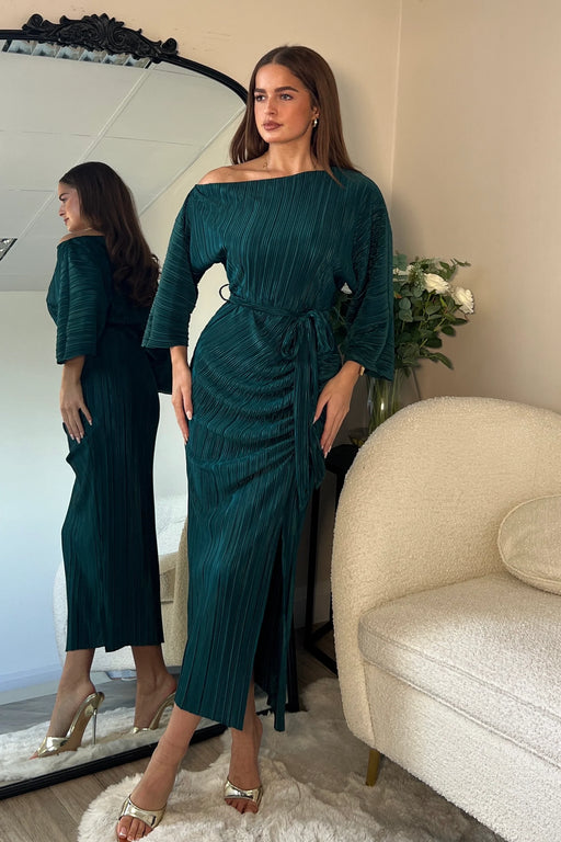 Vendy Off The Shoulder Ruched Detail Midi Dress Emerald