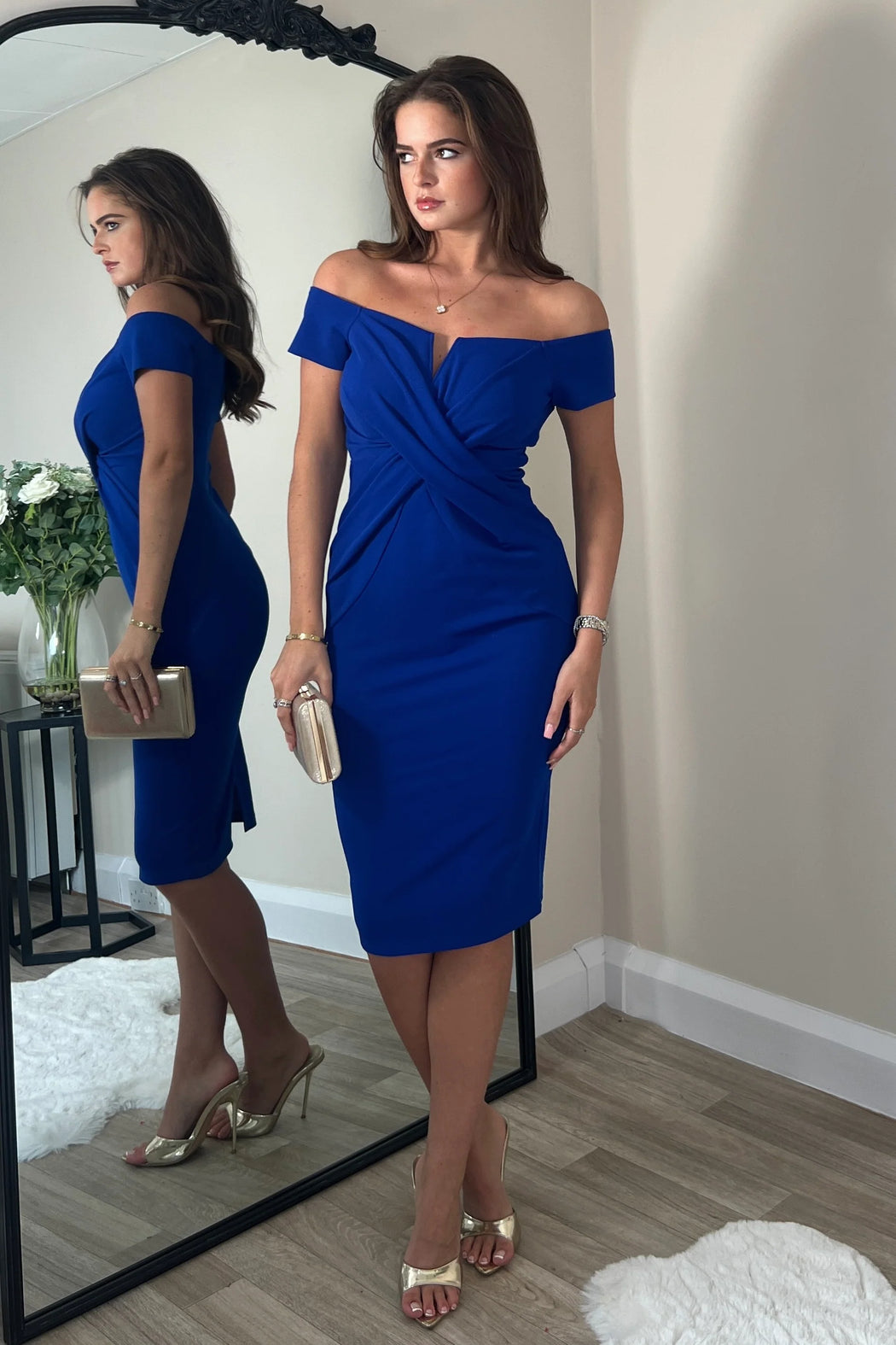 Halo Off The Shoulder Twist Detail Midi Dress Cobalt