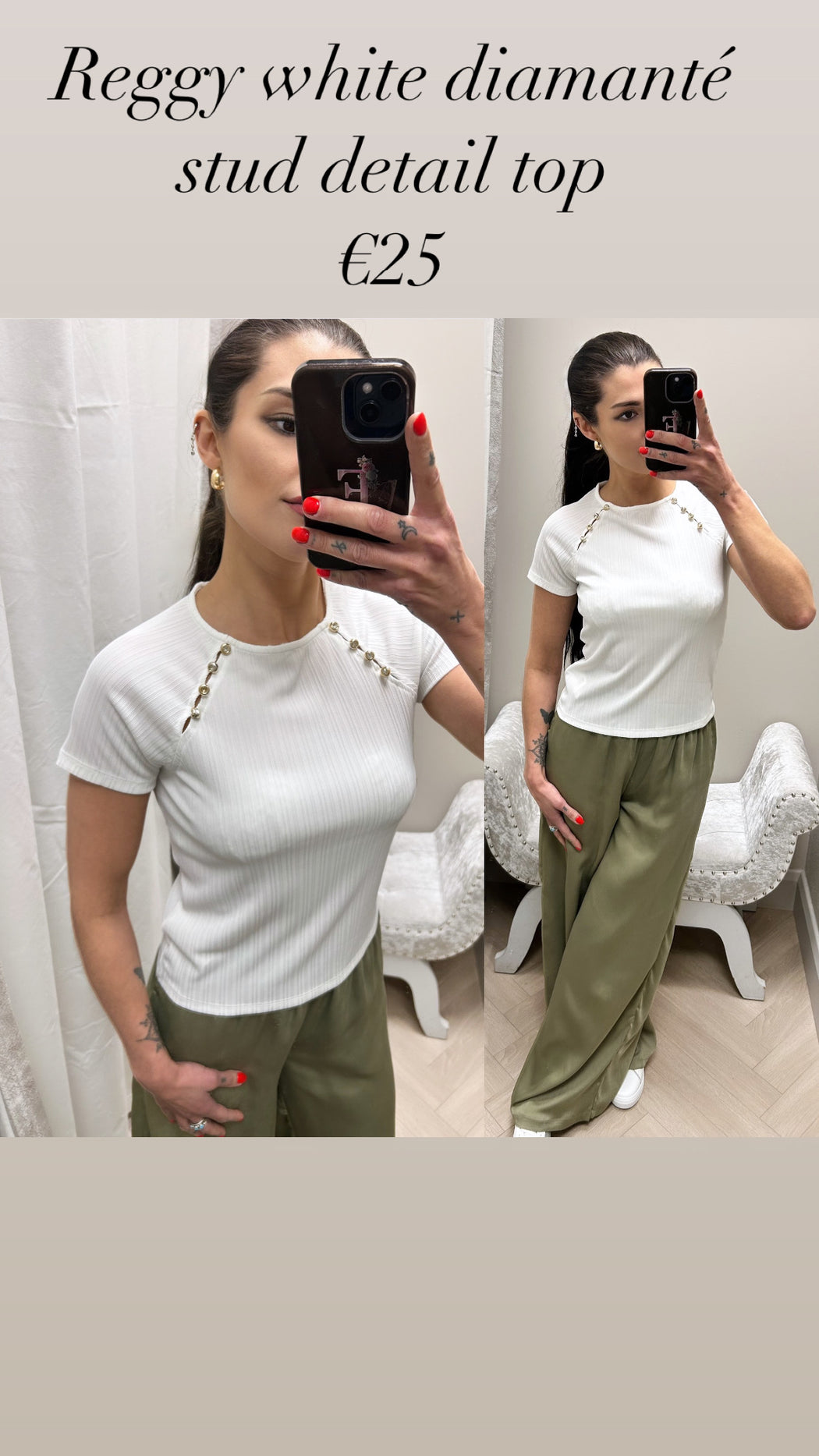 Reggy white diamanté stud detail top