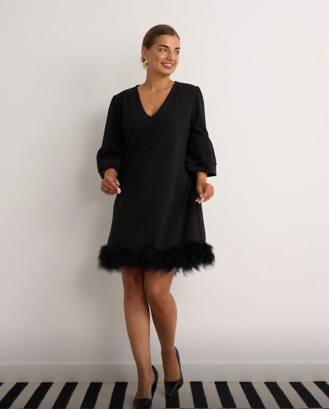 Kylie black fur trim dress