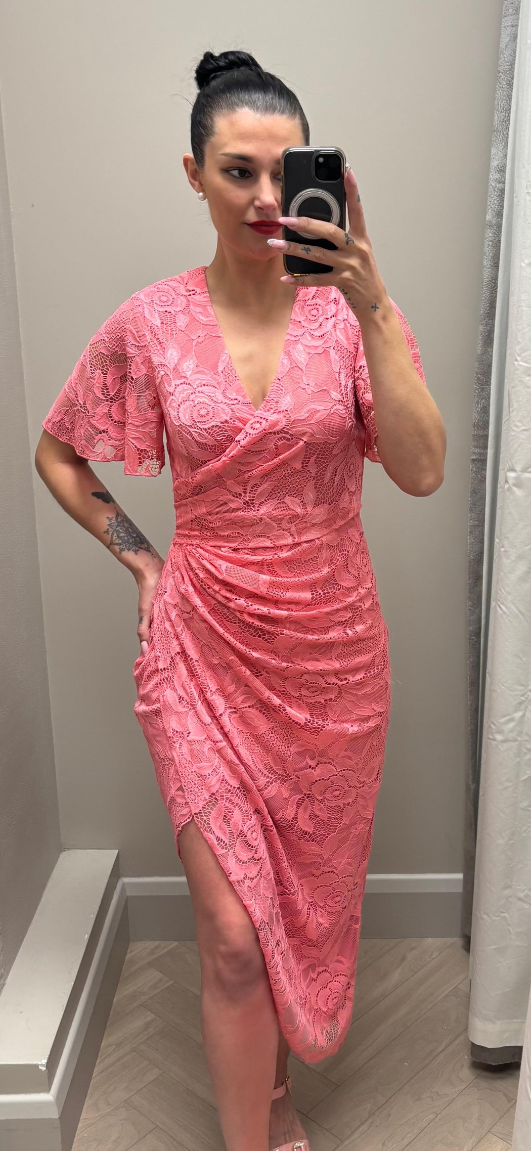 Natasha Angel Sleeve Wrap Midi Dress In Pink Lace