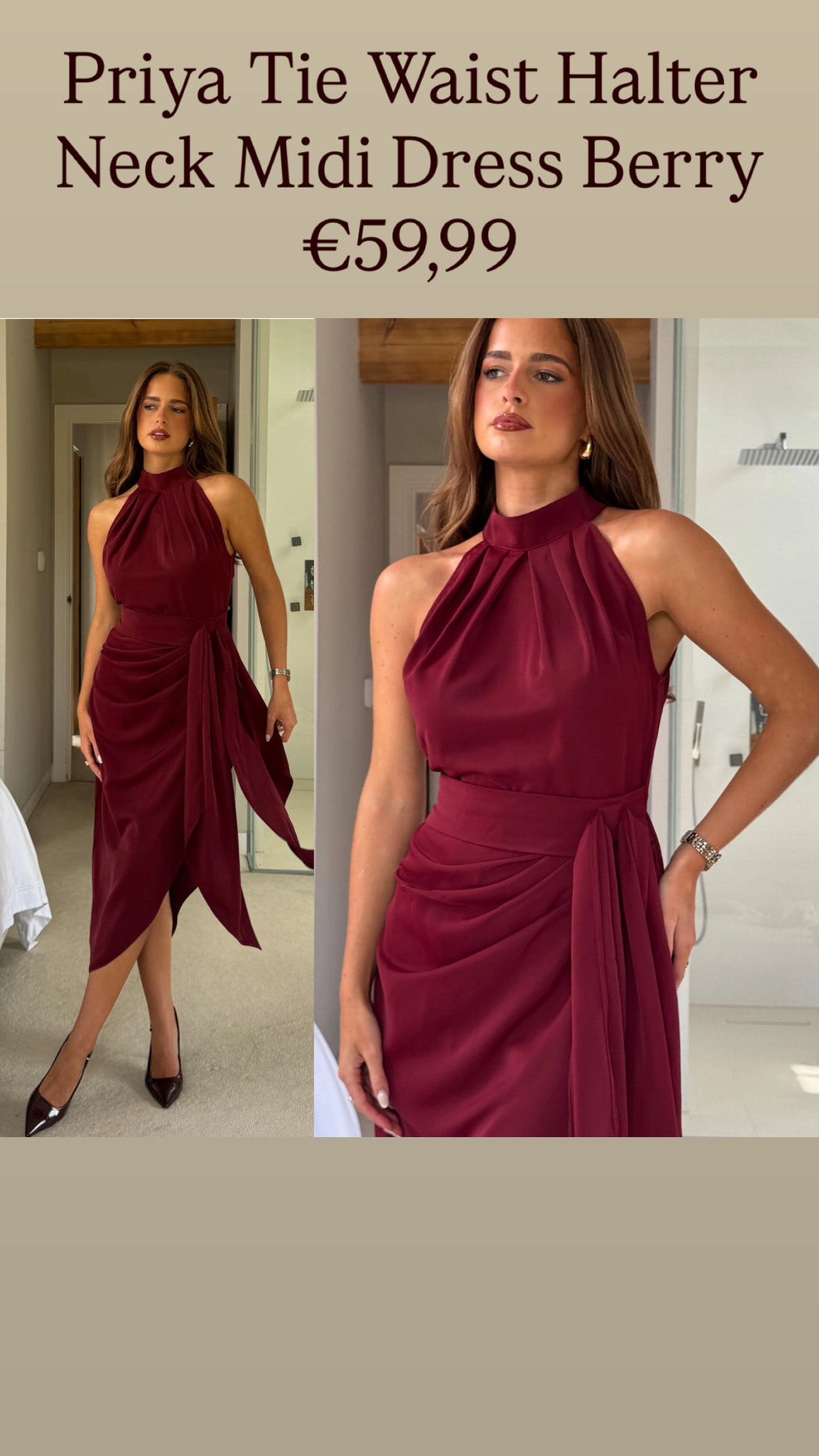 Priya Tie Waist Halter Neck Midi Dress Berry