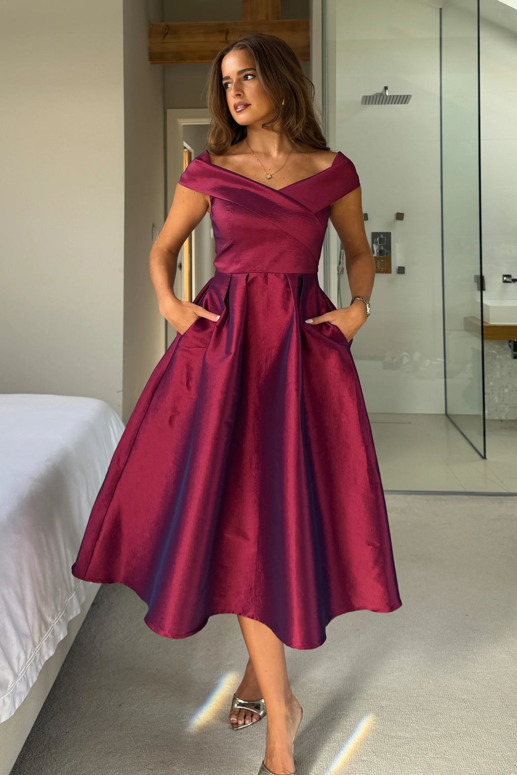 Daphne Off The Shoulder Skater Midi Dress Plum