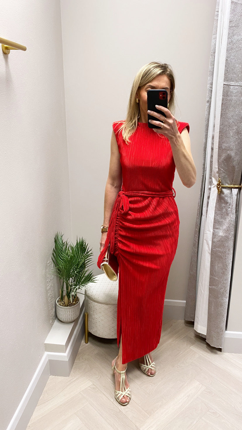 Elena  red Ruched seamed Midi Dress