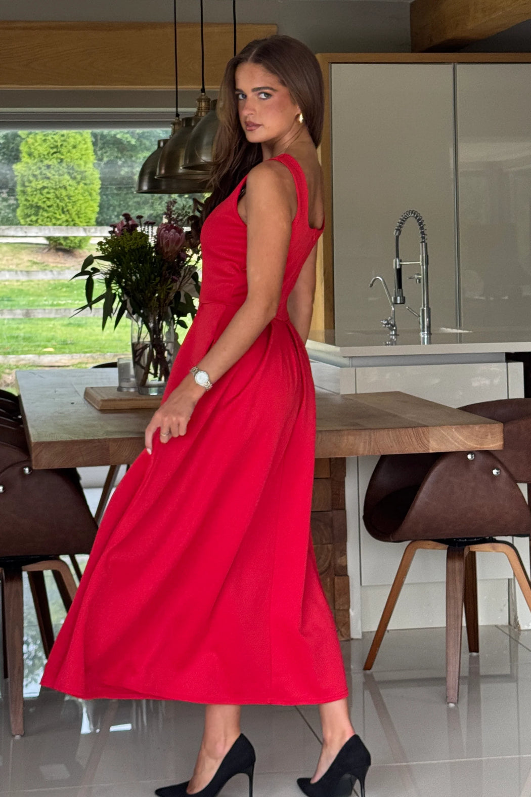 Erica Square Neck Pleated Midi Dress Red