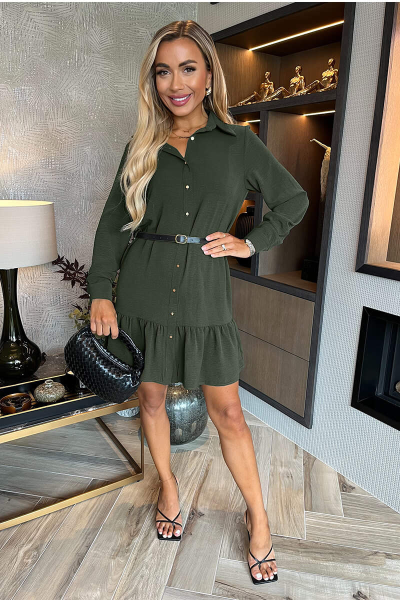 Da1902 Olive Long Sleeve Frill Hem Shirt Mini Dress