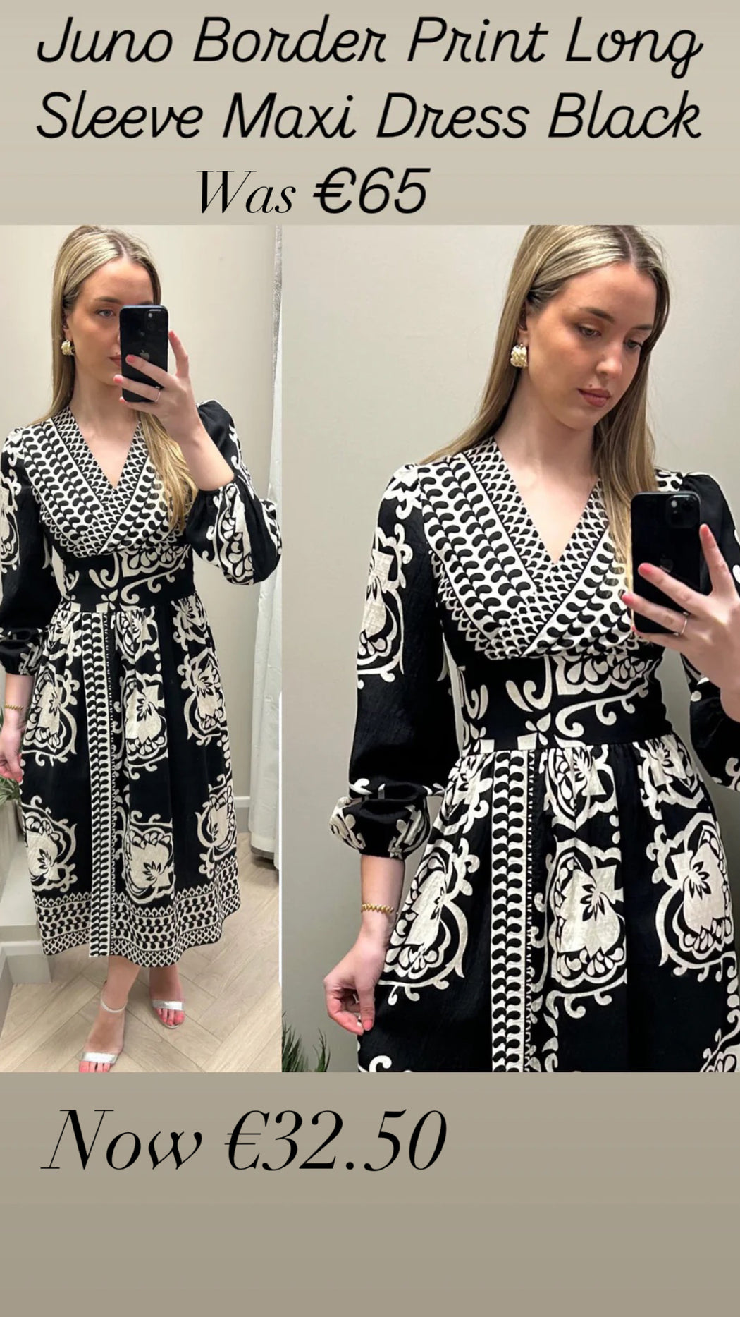 Juno Border Print Long Sleeve Maxi Dress Black