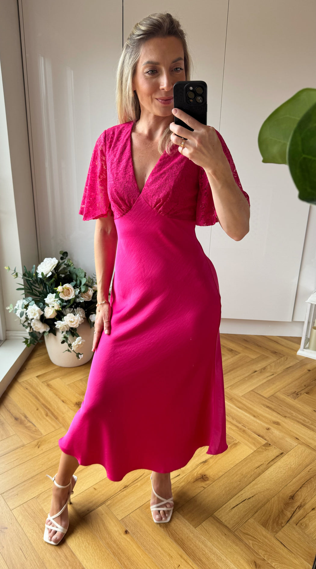 Pink Lace Satin Midi Dress