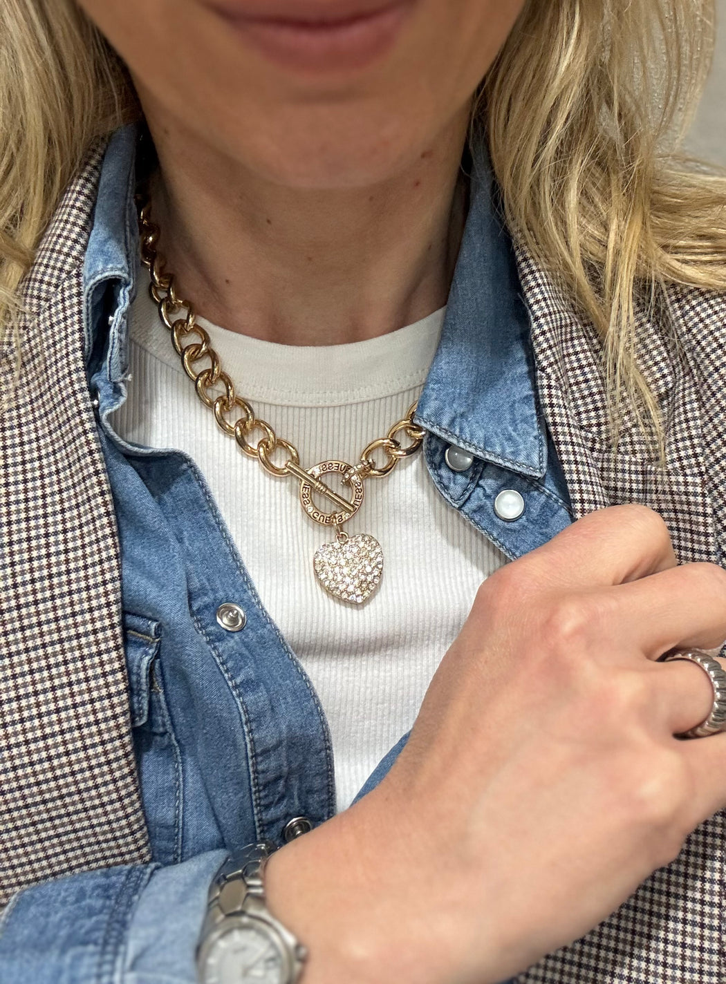 Guess TOGGLE PUFFED HEART CHARM NECKLACE RHINESTONE