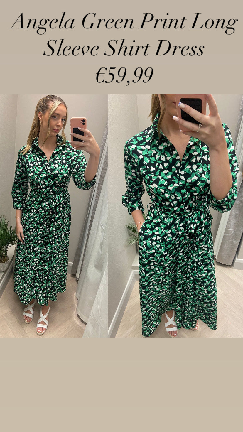 Angela Green Print Long Sleeve Shirt Dress