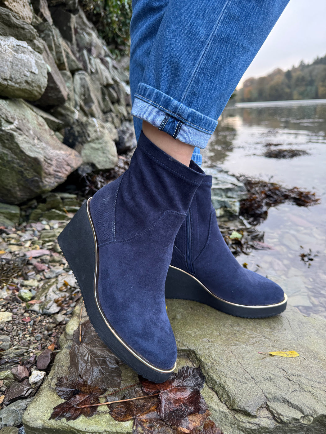 Poole sapphire navy wedge boots