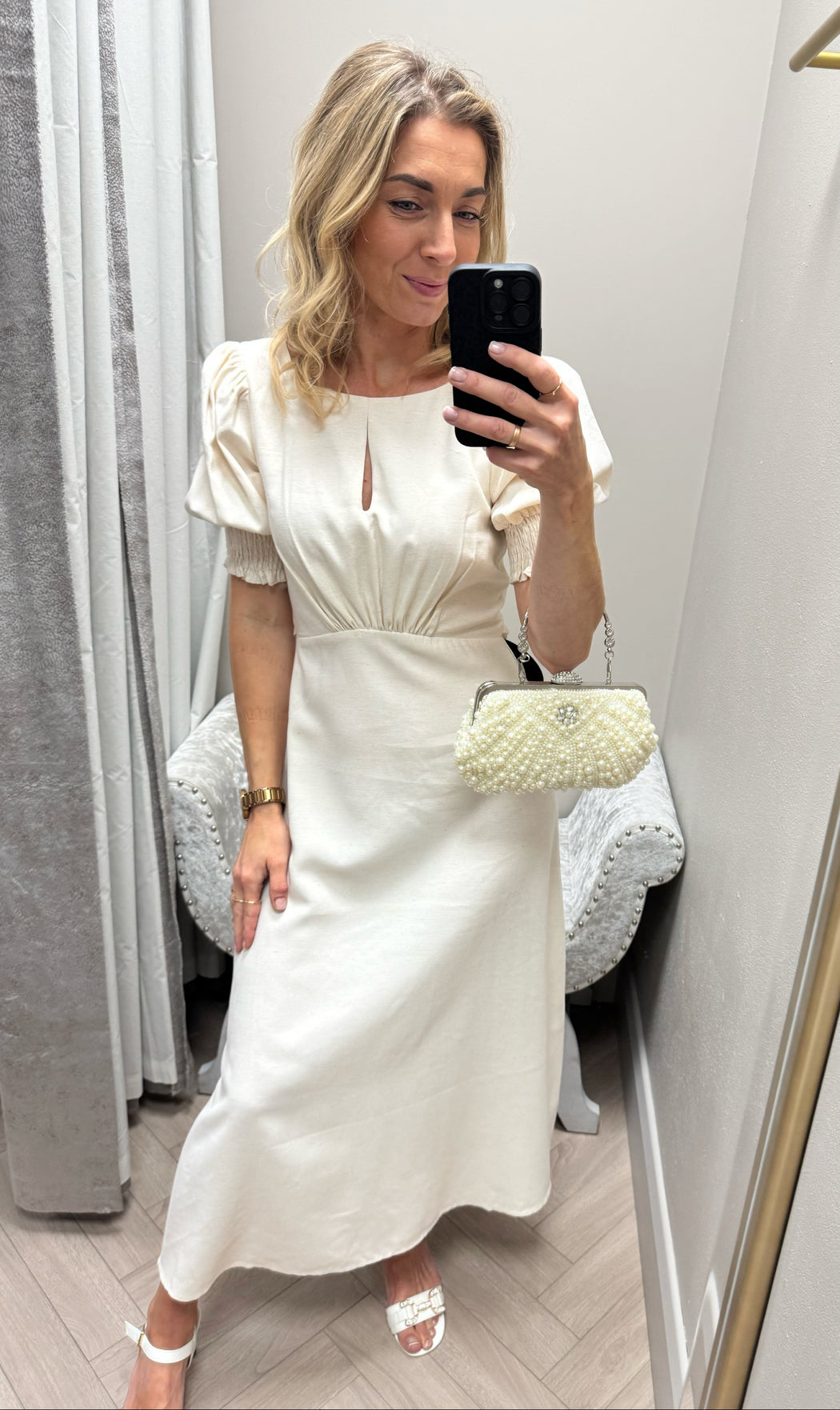 CREAM LINEN MIDI DRESS
