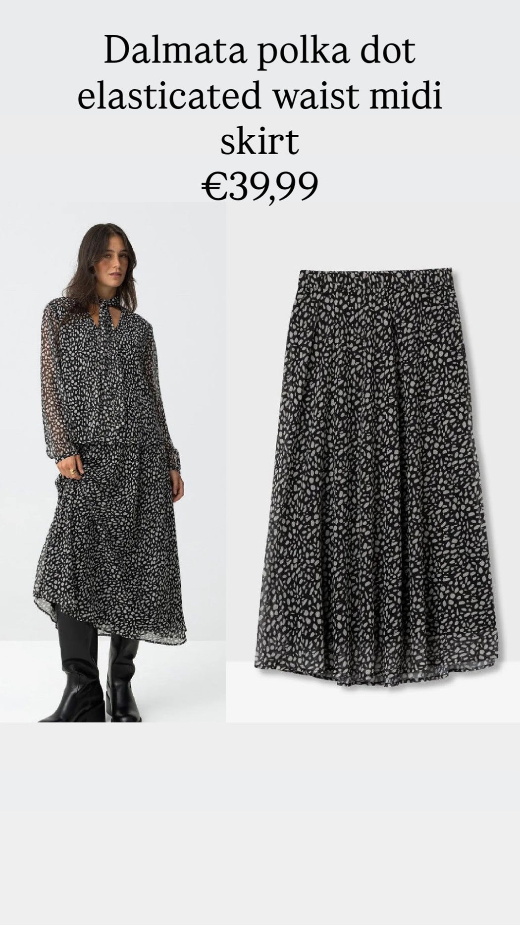 Dalmata polka dot elasticated waist midi skirt
