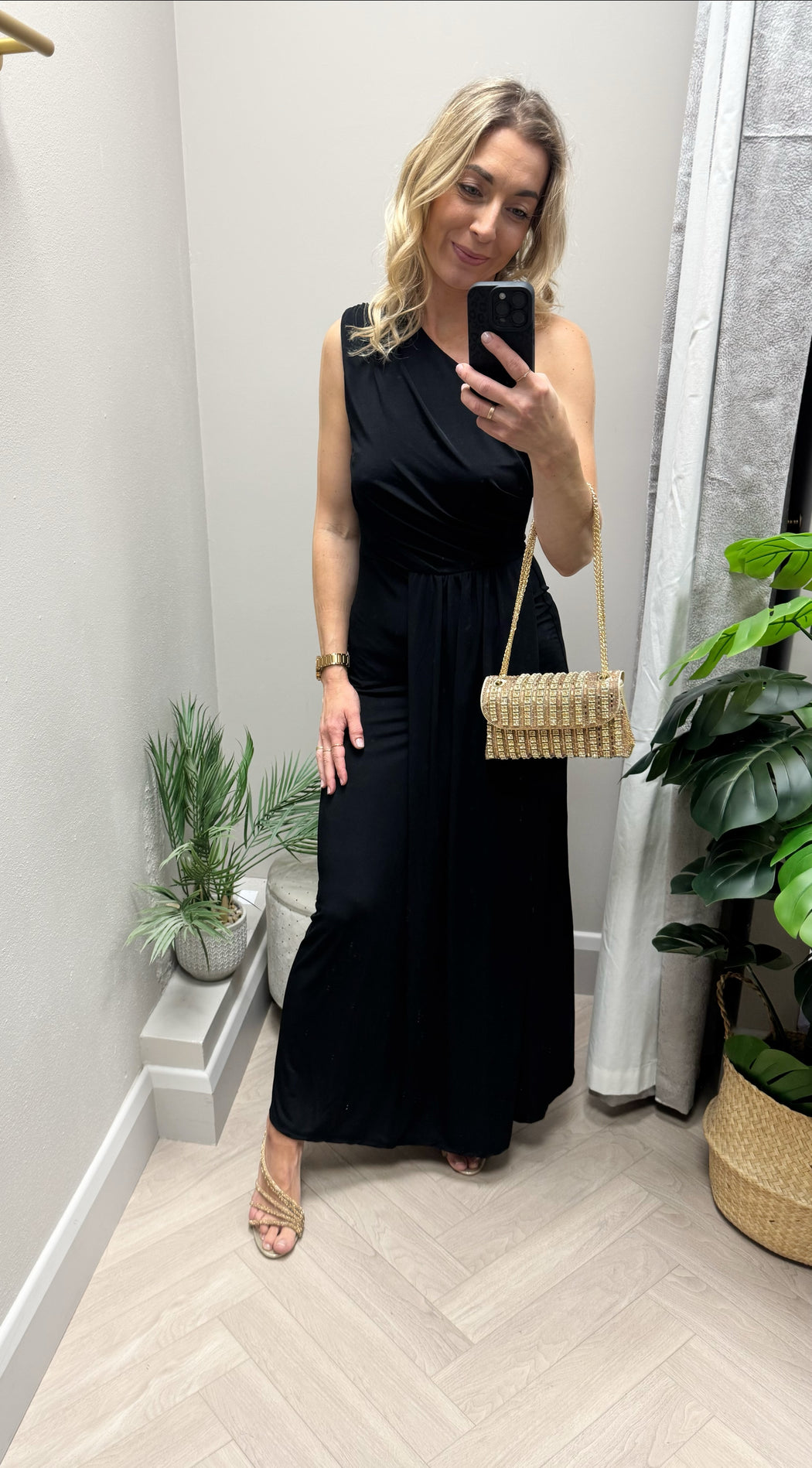 Emma black one shoulder midi dress