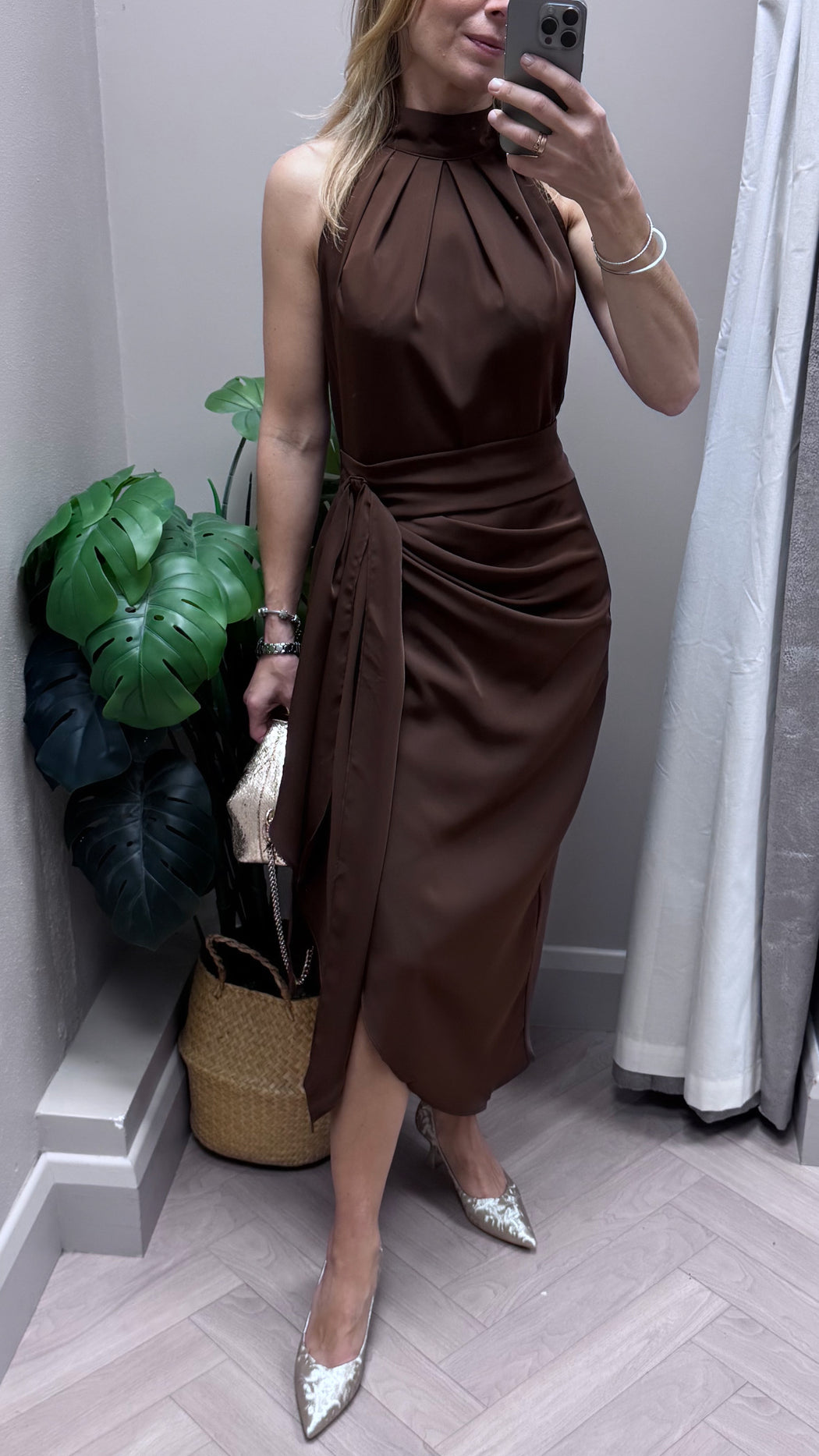 Priya Tie Waist Halter Neck Midi Dress Brown